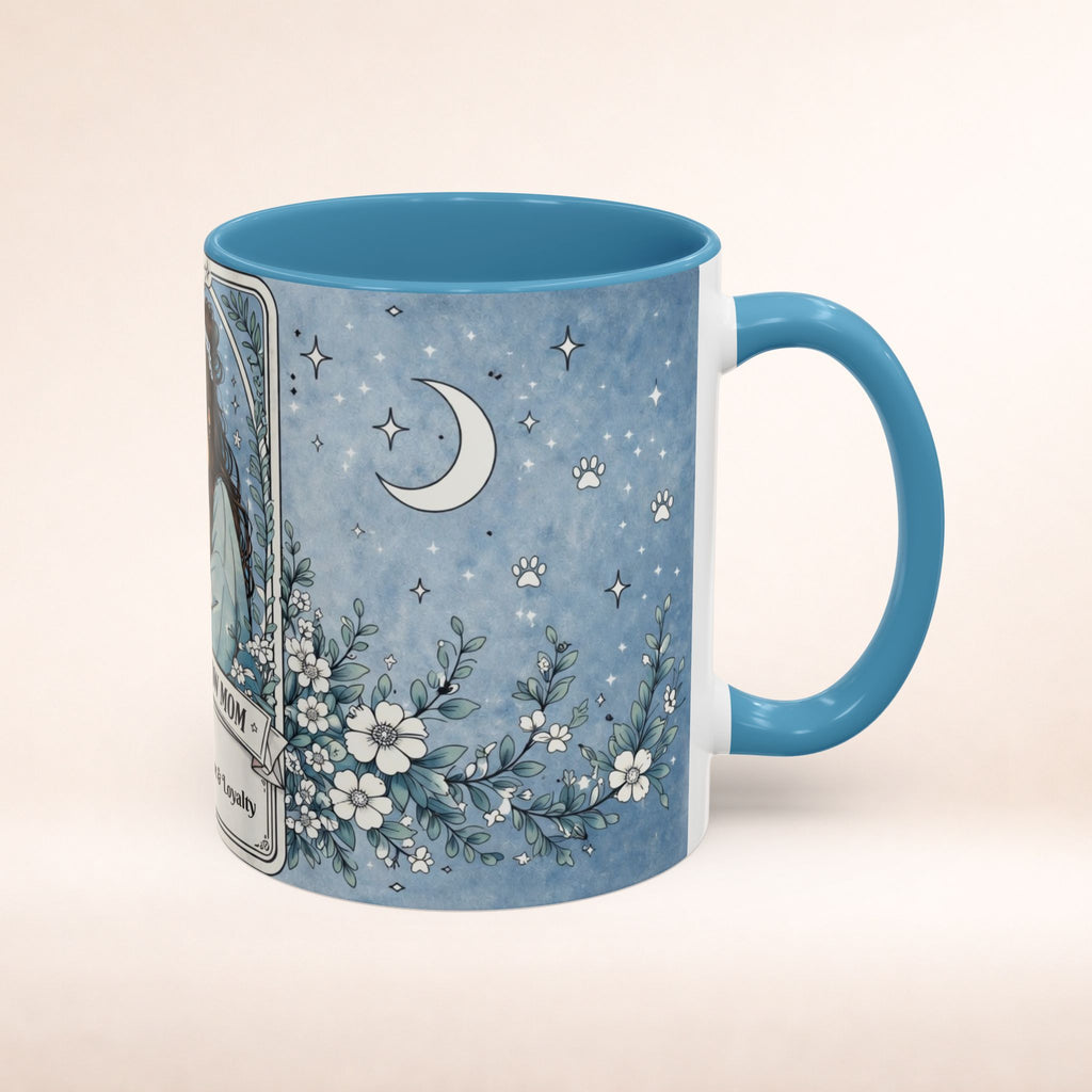 Personalized Chow Chow Mom tarot card mug with custom name, featuring a cute Chow Chow dog, ideal for dog mom gift or coffee lovers.
