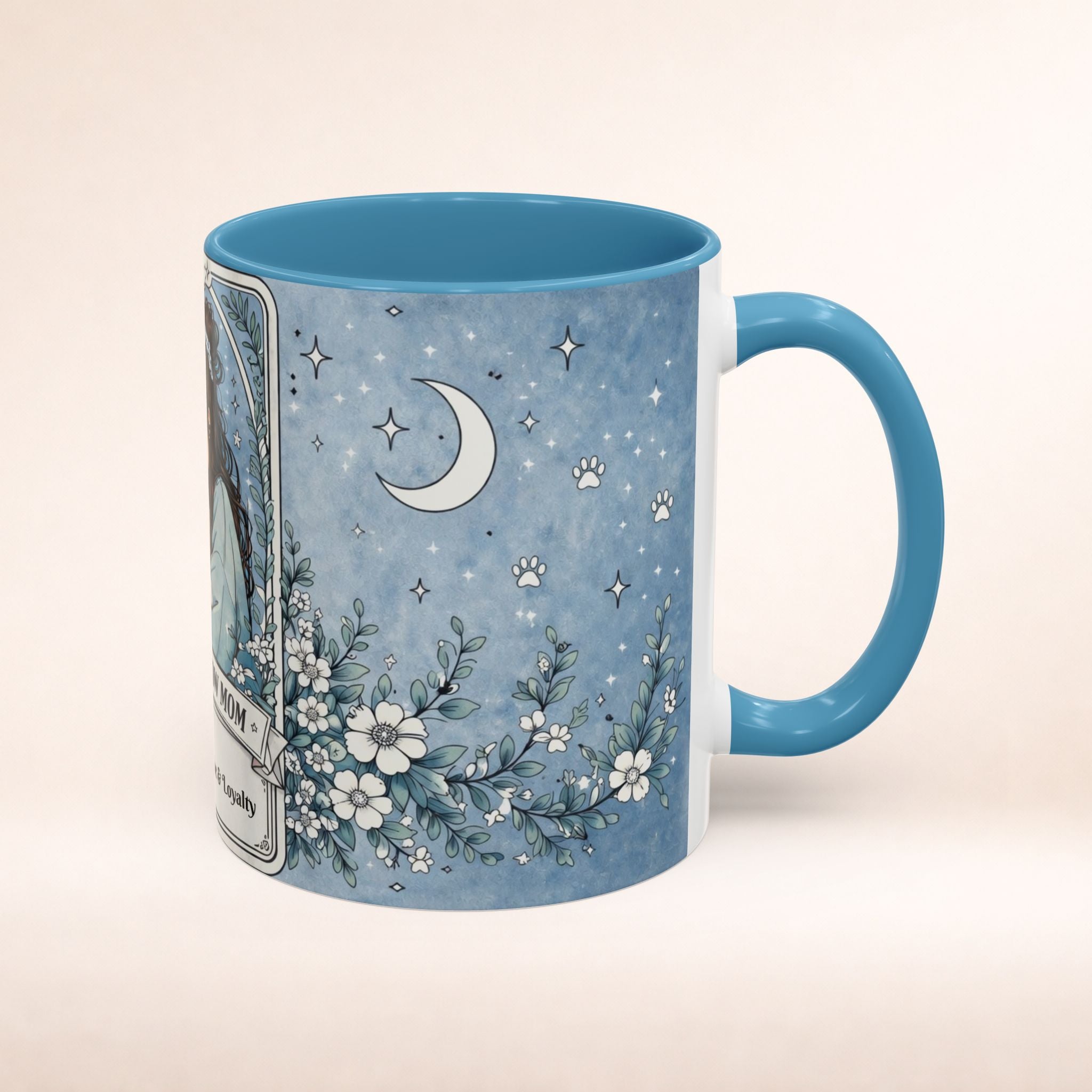 Personalized Chow Chow Mom tarot card mug with custom name, featuring a cute Chow Chow dog, ideal for dog mom gift or coffee lovers.