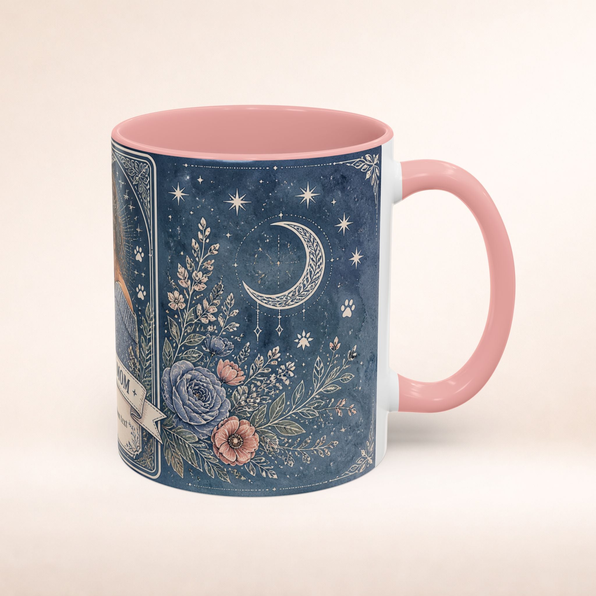 Personalized 'The Corgi Mom' tarot card accent coffee mug with custom dog mom design, perfect for dog lovers and Corgi enthusiasts.