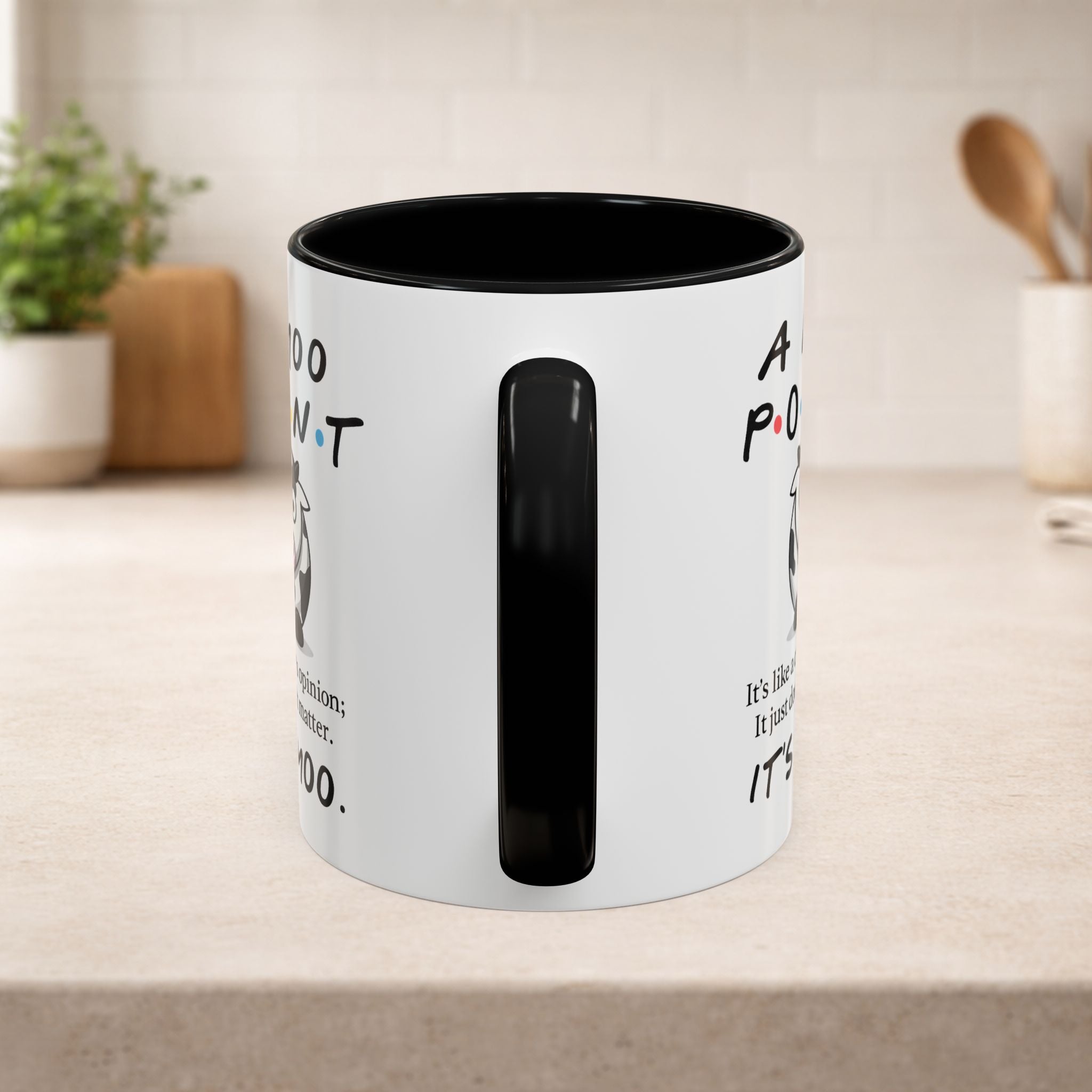 Funny cow opinion coffee mug featuring the phrase "Moo Point," made by Printify, with a colorful cow illustration on a ceramic mug.