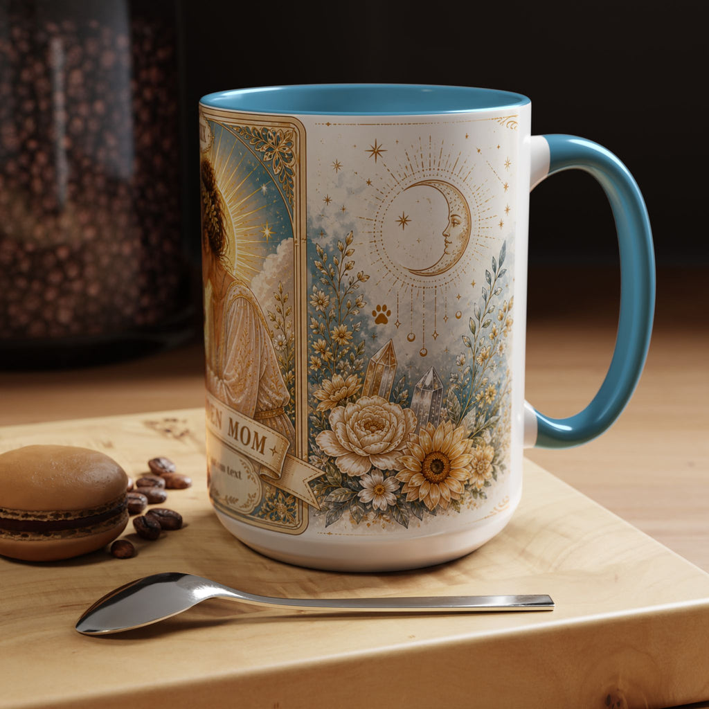 Personalized 'The Golden Mom' tarot card accent coffee mug featuring a cute dog mom design, ideal for dog lovers.