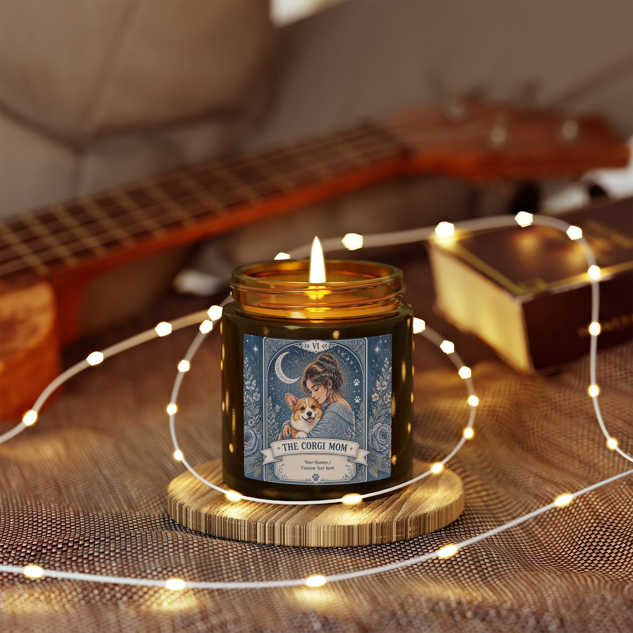 Personalized Tarot 'The Corgi Mom' scented candle with coconut apricot wax, featuring custom design and branding.
