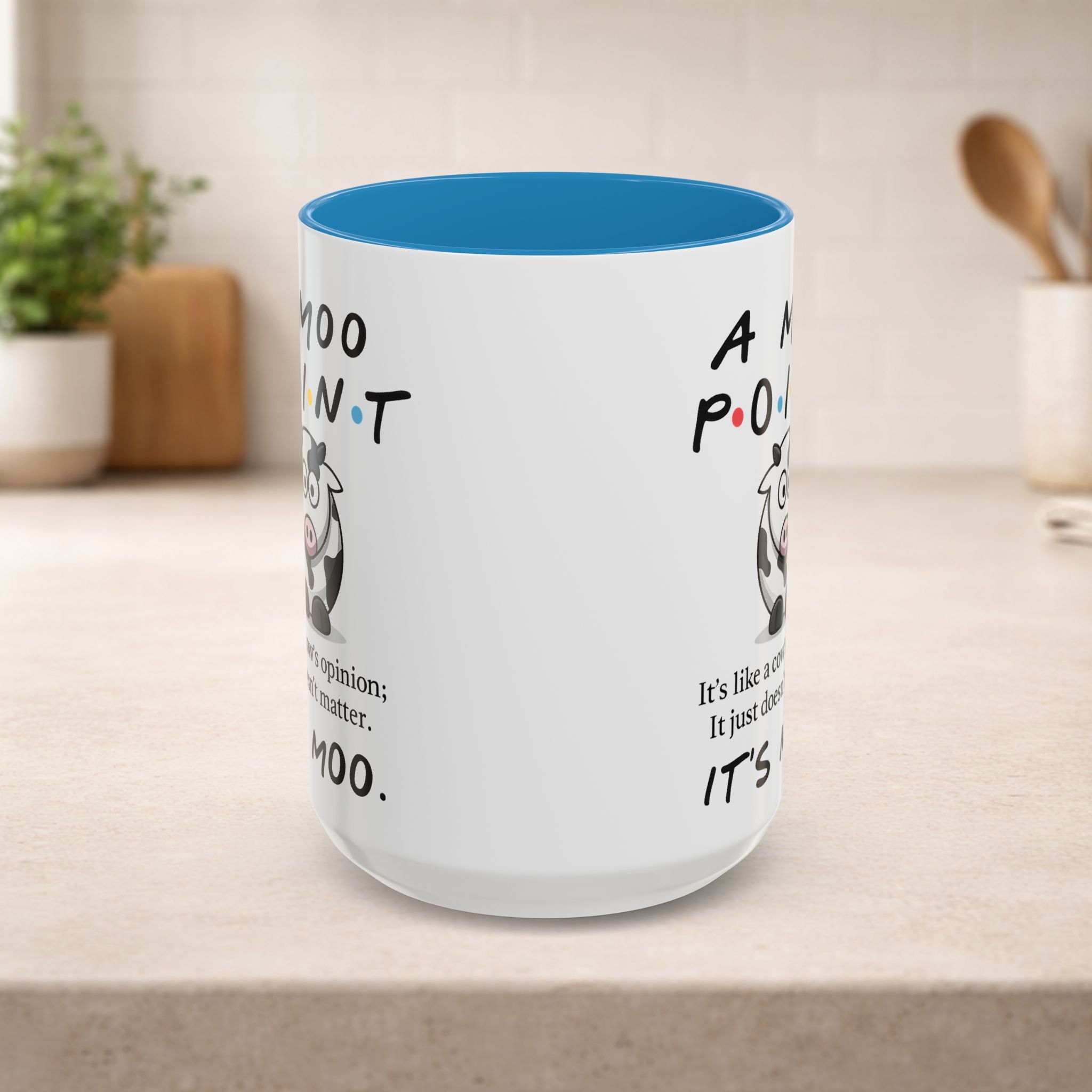 Friends Moo Point Mug, a funny cow-themed coffee mug from Printify with humorous text and cow graphic design.
