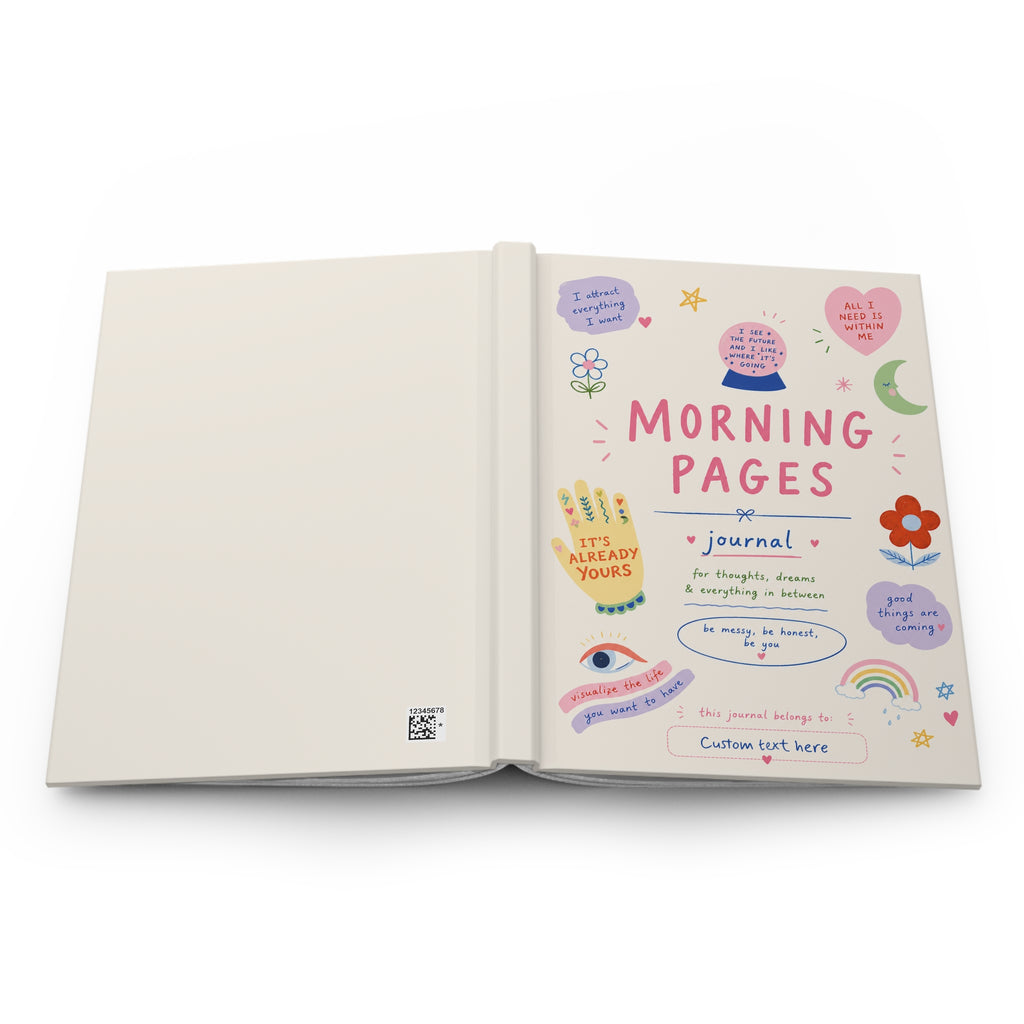 Personalized hardcover journal with "Delusional but Hopeful Morning Pages" title, featuring a cute manifestation notebook design.