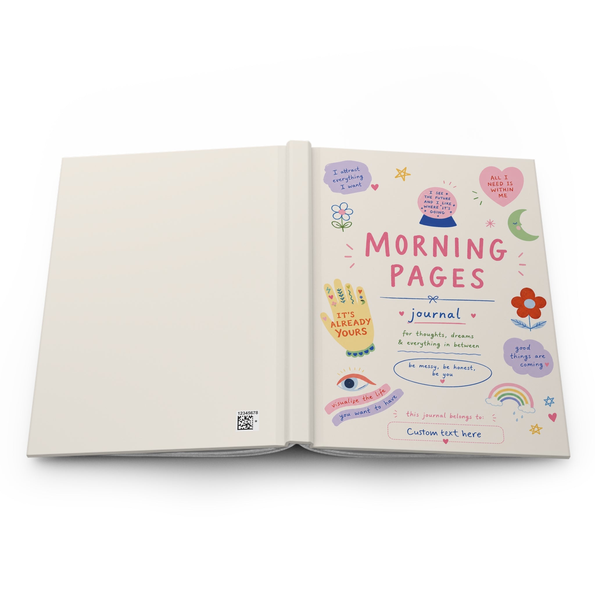 Personalized hardcover journal with "Delusional but Hopeful Morning Pages" title, featuring a cute manifestation notebook design.
