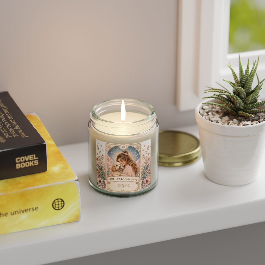 Personalized Tarot 'The Cockapoo Mom' scented candle in coconut apricot scent, 4oz or 9oz, with custom design, by Printify.