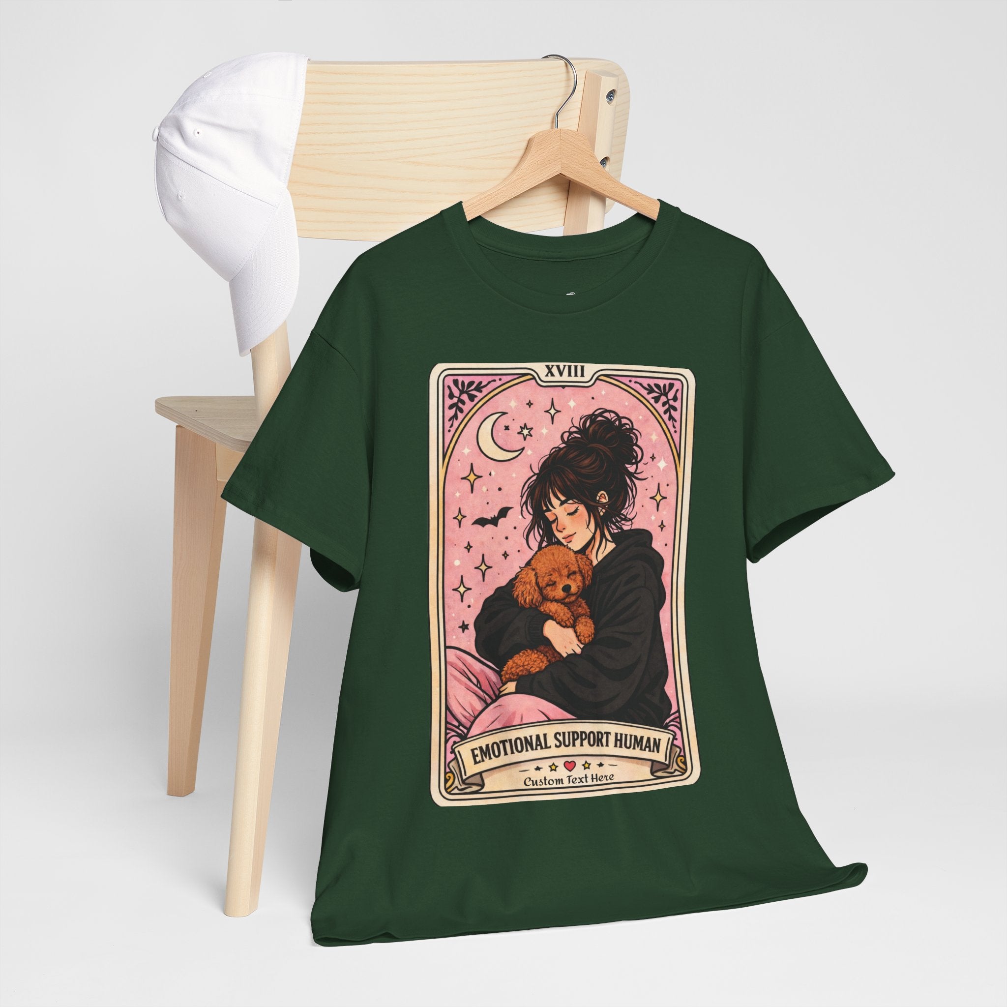 Personalized emotional support human T-shirt featuring a funny dog mom tarot design, perfect for poodle moms and anxiety comfort.