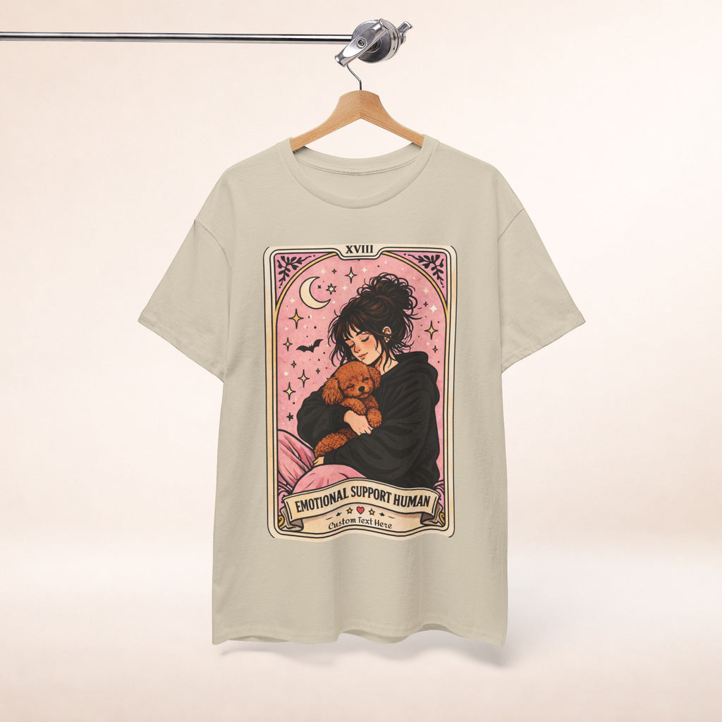Personalized emotional support human T-shirt featuring a funny dog mom tarot design, ideal for poodle mom humor and anxiety comfort.