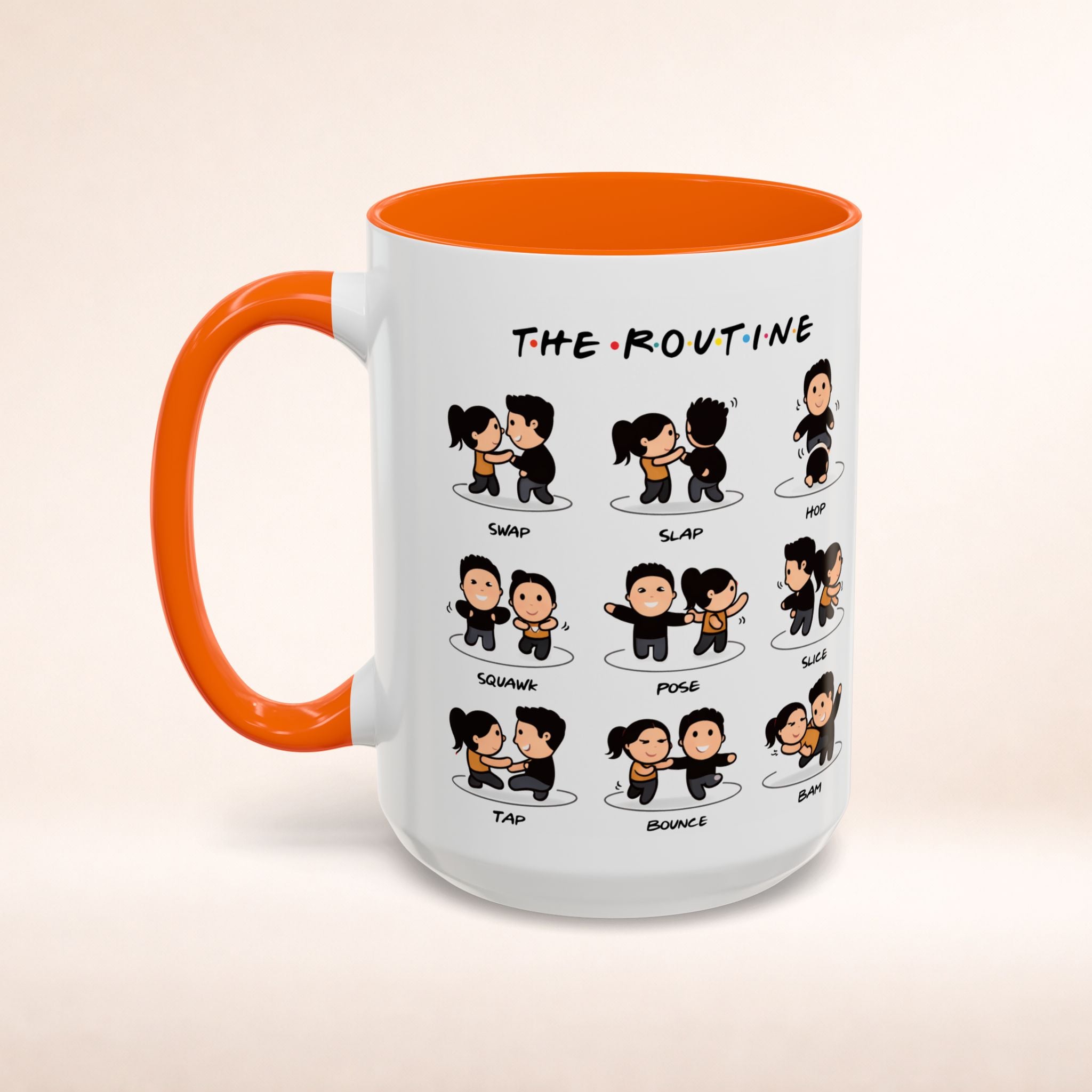 Friends-inspired funny "The Routine" accent coffee mug with colorful design, perfect for fans of the TV show.