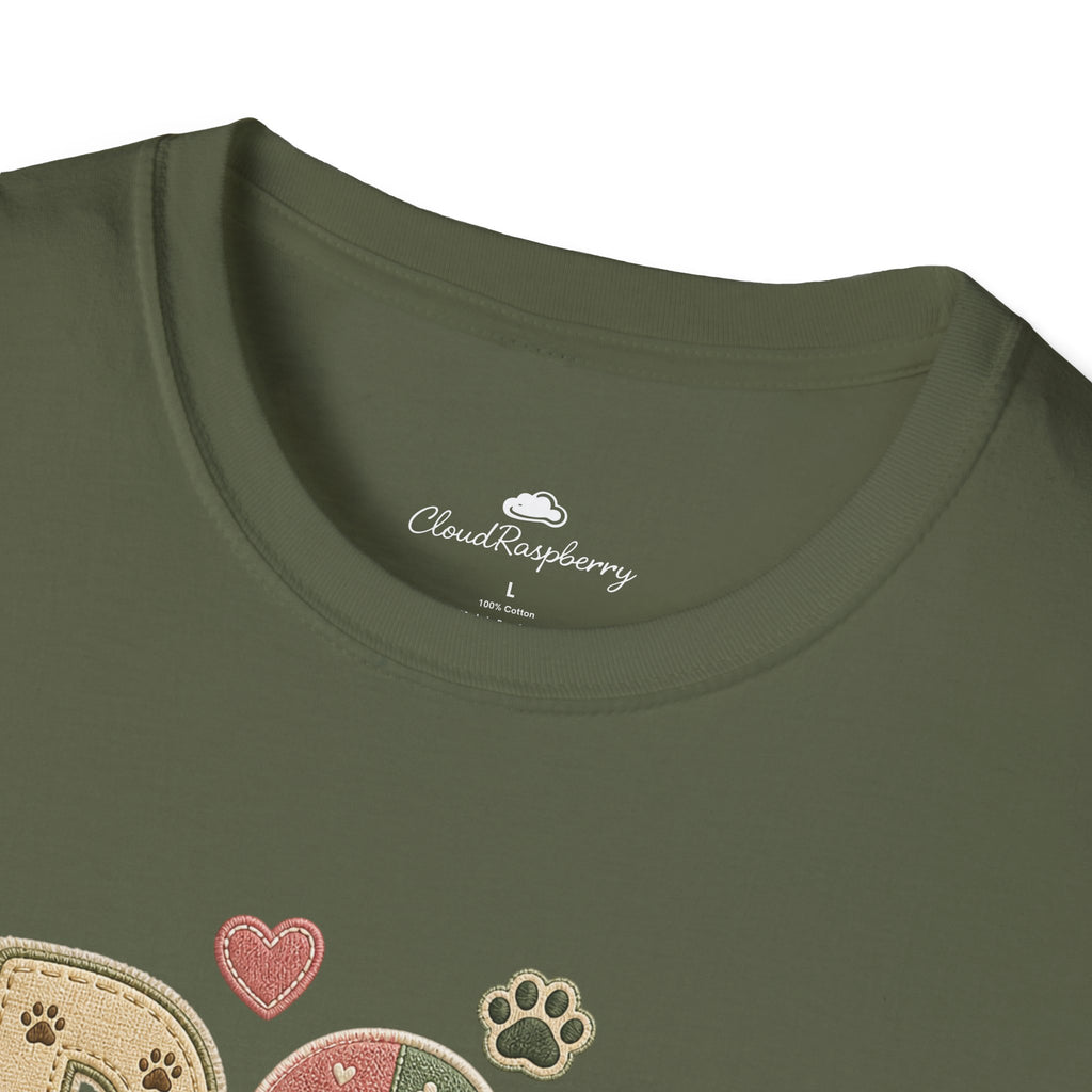 Colorful dog lover T-shirt featuring a patchwork style design for dog moms, made by Printify.