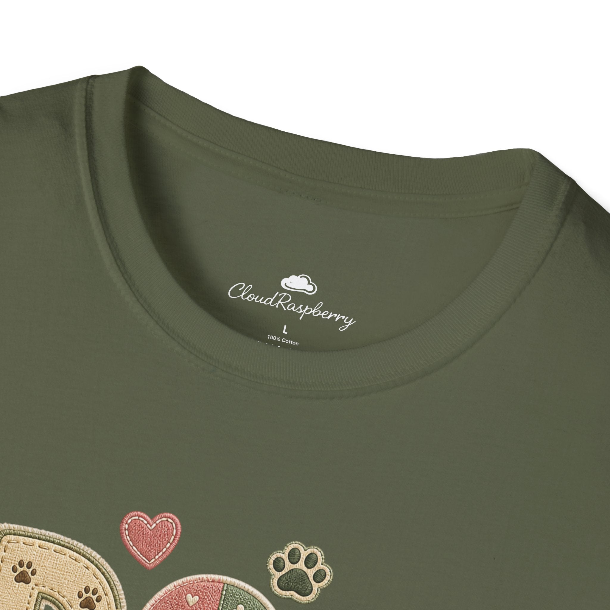 Colorful dog lover T-shirt featuring a patchwork style design for dog moms, made by Printify.