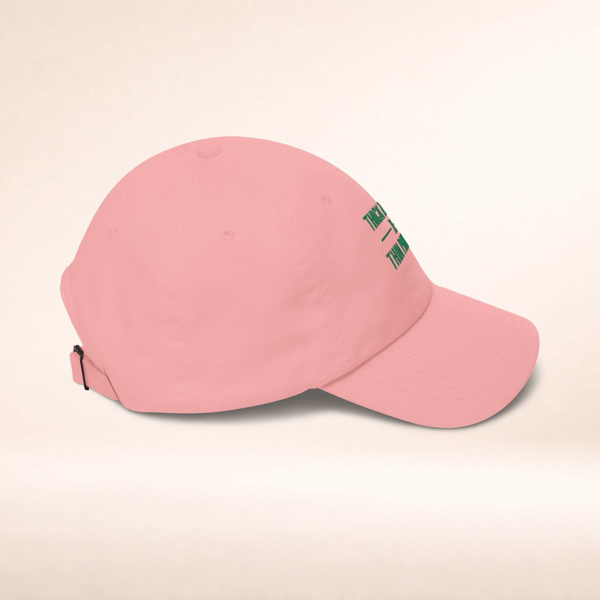 Cotton adjustable dad cap with embroidered "Thick Thighs x Thin Patience" slogan, featuring a classic hat design in natural colors.