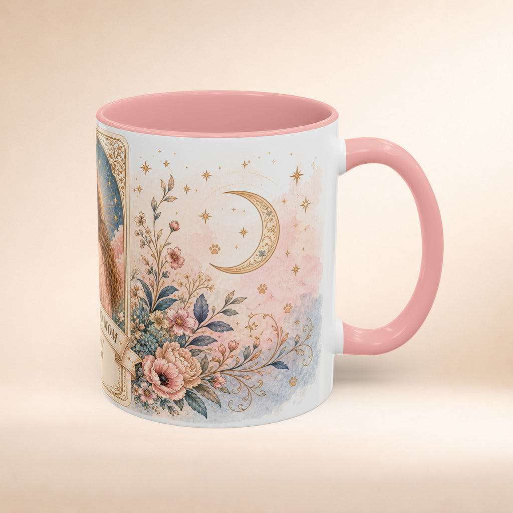 Personalized floral tarot-style dog mom coffee mug with "The Cockapoo Mom" text in 11oz size, custom printed by Printify.