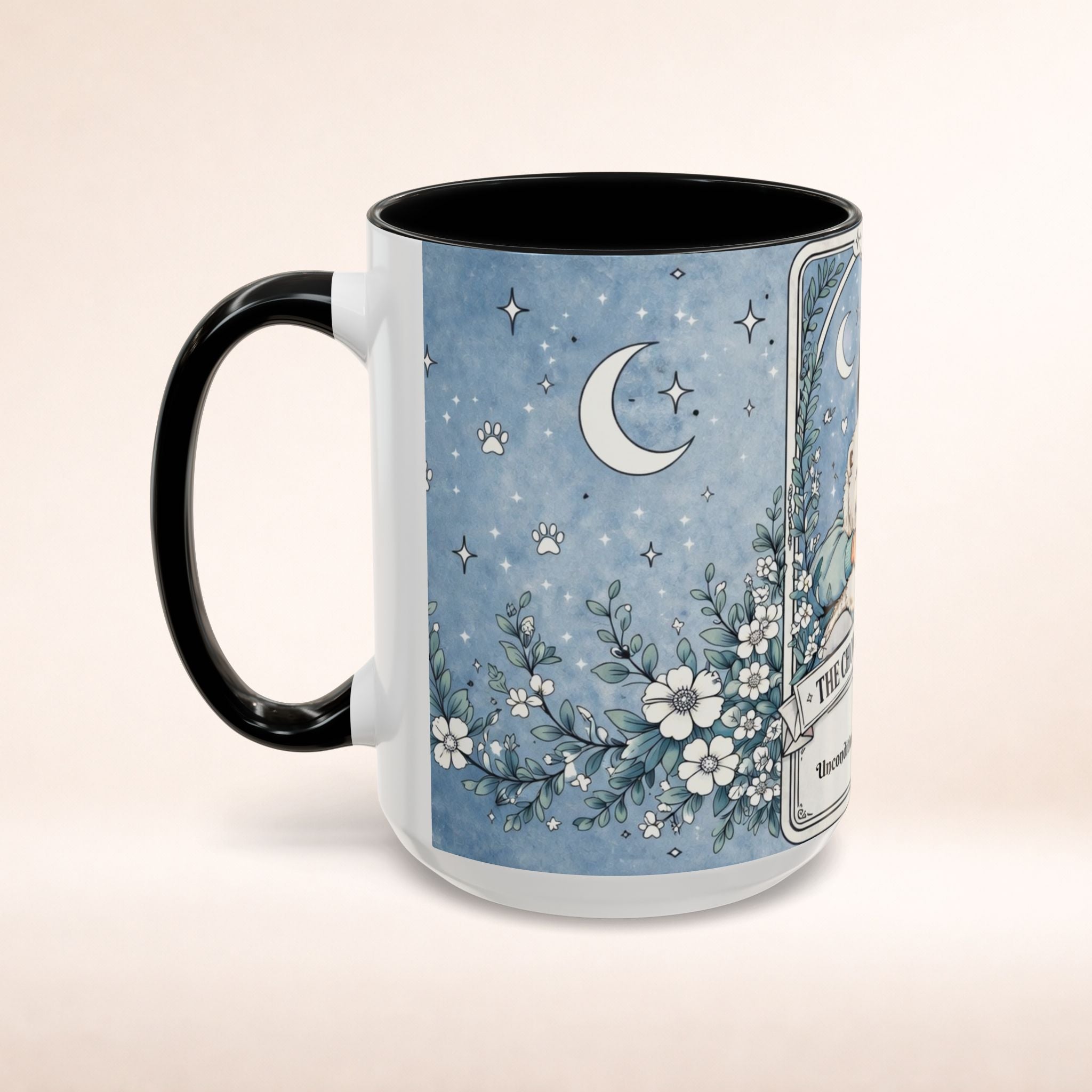 Personalized Chow Chow Mom tarot card mug with custom name, featuring a dog lover coffee mug design for Chow Chow enthusiasts.