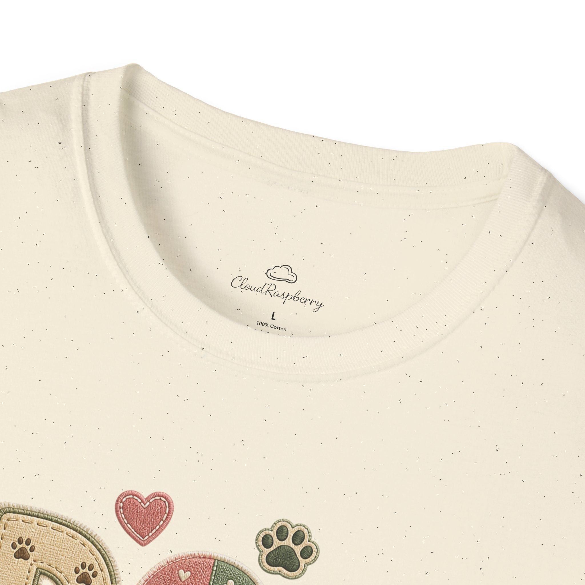 Colorful dog lover T-shirt featuring a patchwork style design for dog moms, made by Printify.