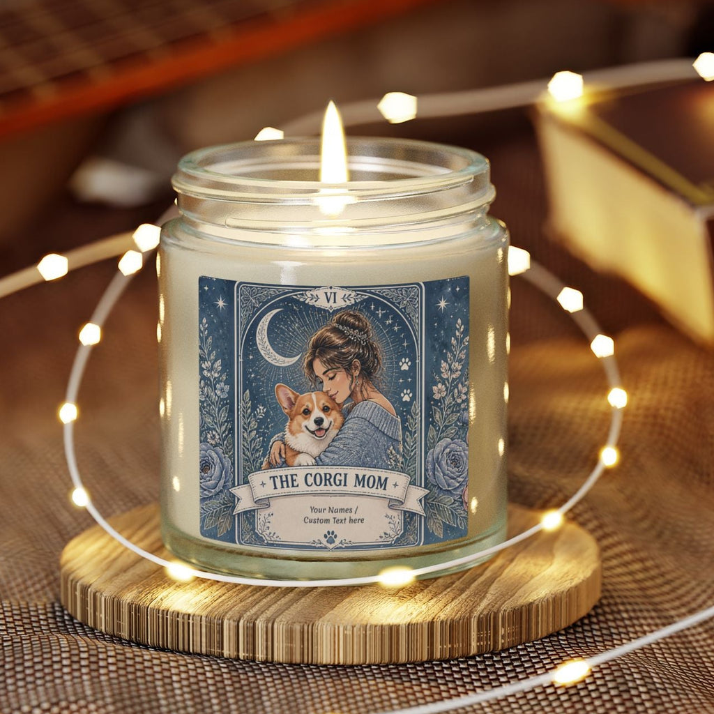 Personalized Tarot 'The Corgi Mom' scented candle with coconut apricot wax, featuring custom design and branding.
