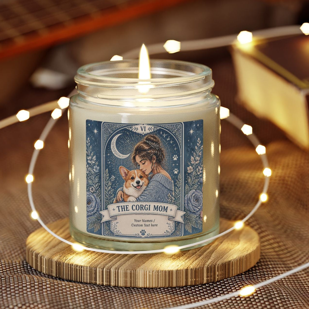 Personalized Tarot 'The Corgi Mom' scented candle with coconut apricot wax, featuring custom design and branding.