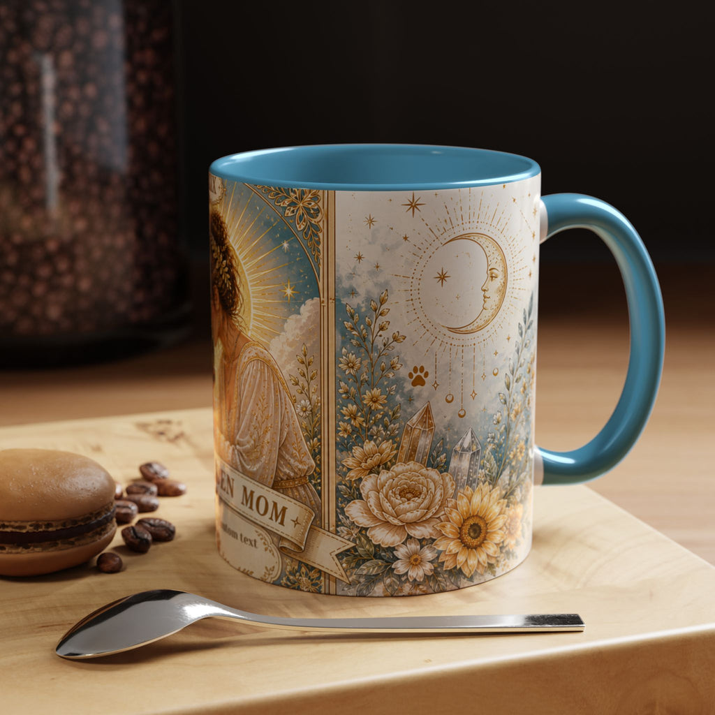 Personalized 'The Golden Mom' tarot card accent coffee mug featuring a cute dog mom design, ideal for dog lovers and gift-giving.