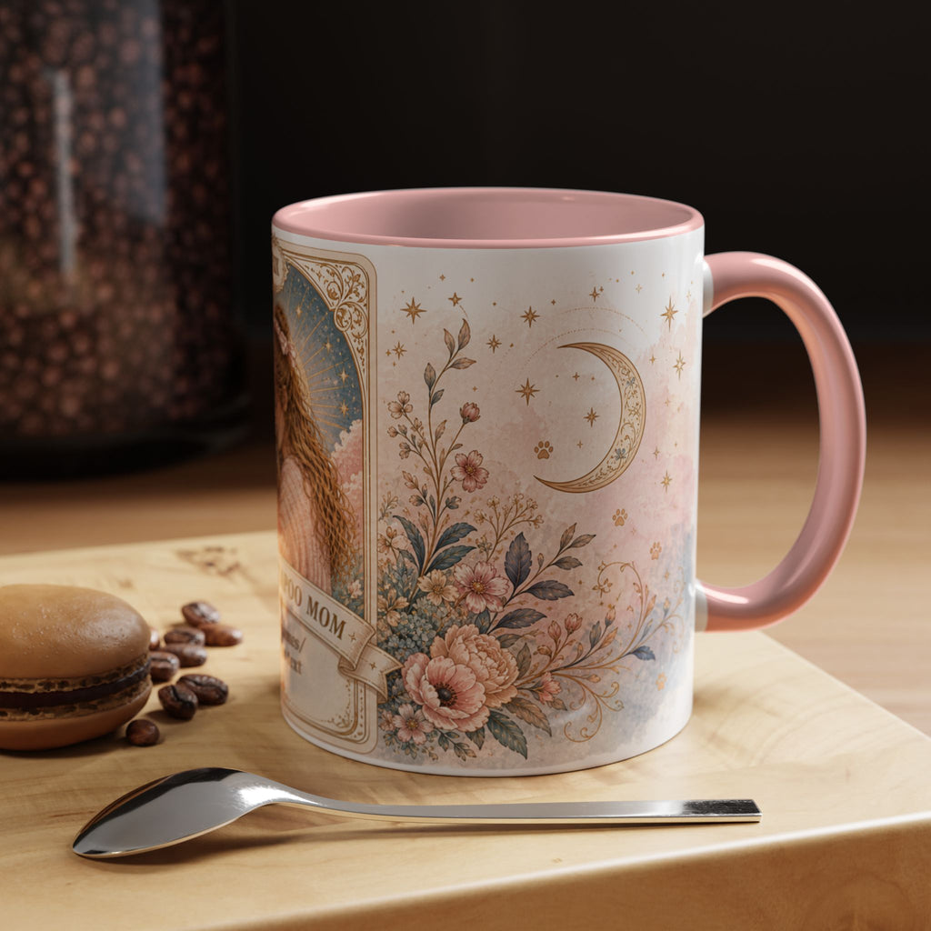 Personalized 'The Cockapoo Mom' floral tarot-style custom coffee mug, 11oz, with dog mom design and personalized text.