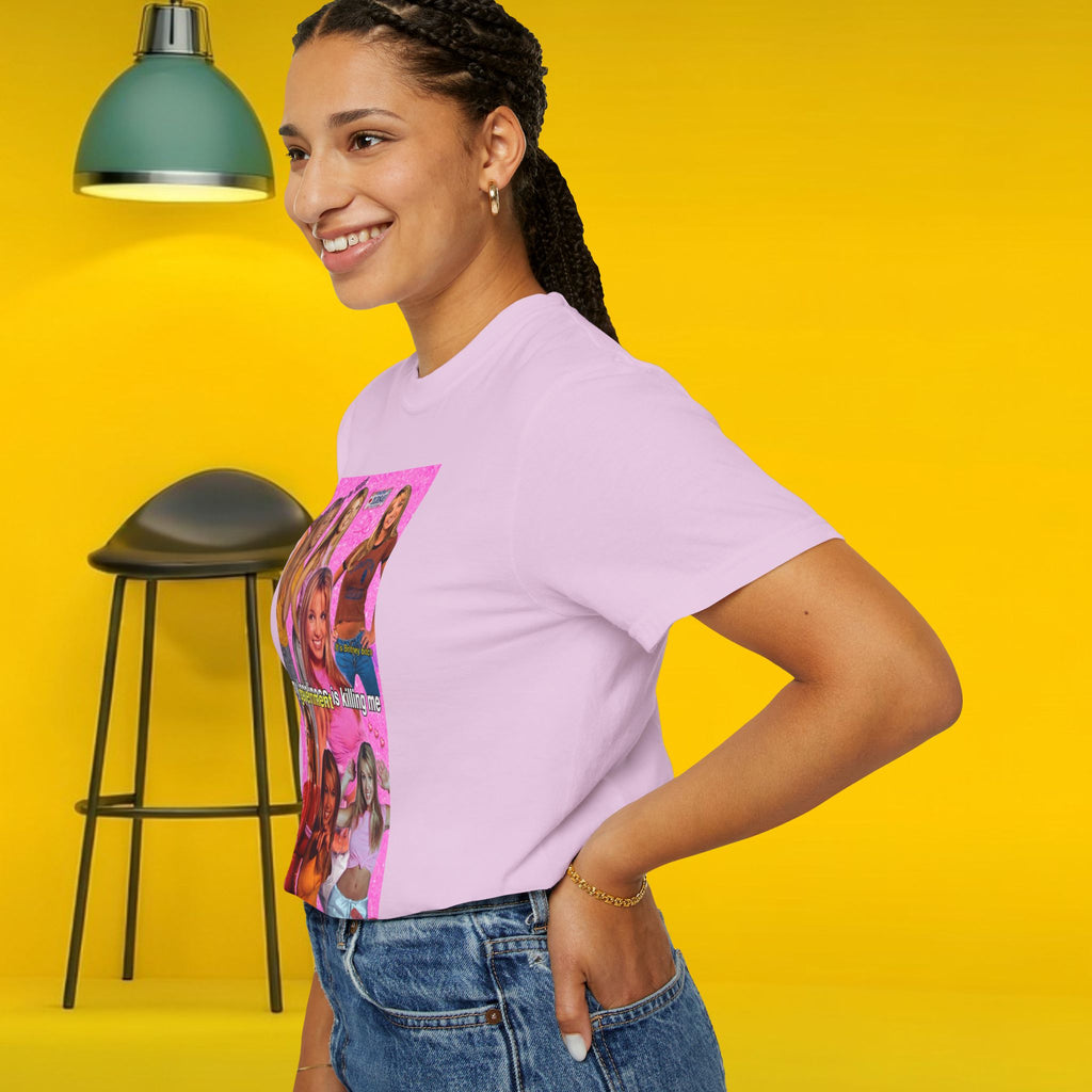 Cotton Y2K Britney Spears "My Loneliness Is Killing Me" government meme T-shirt, white with printed graphic and text, casual style.