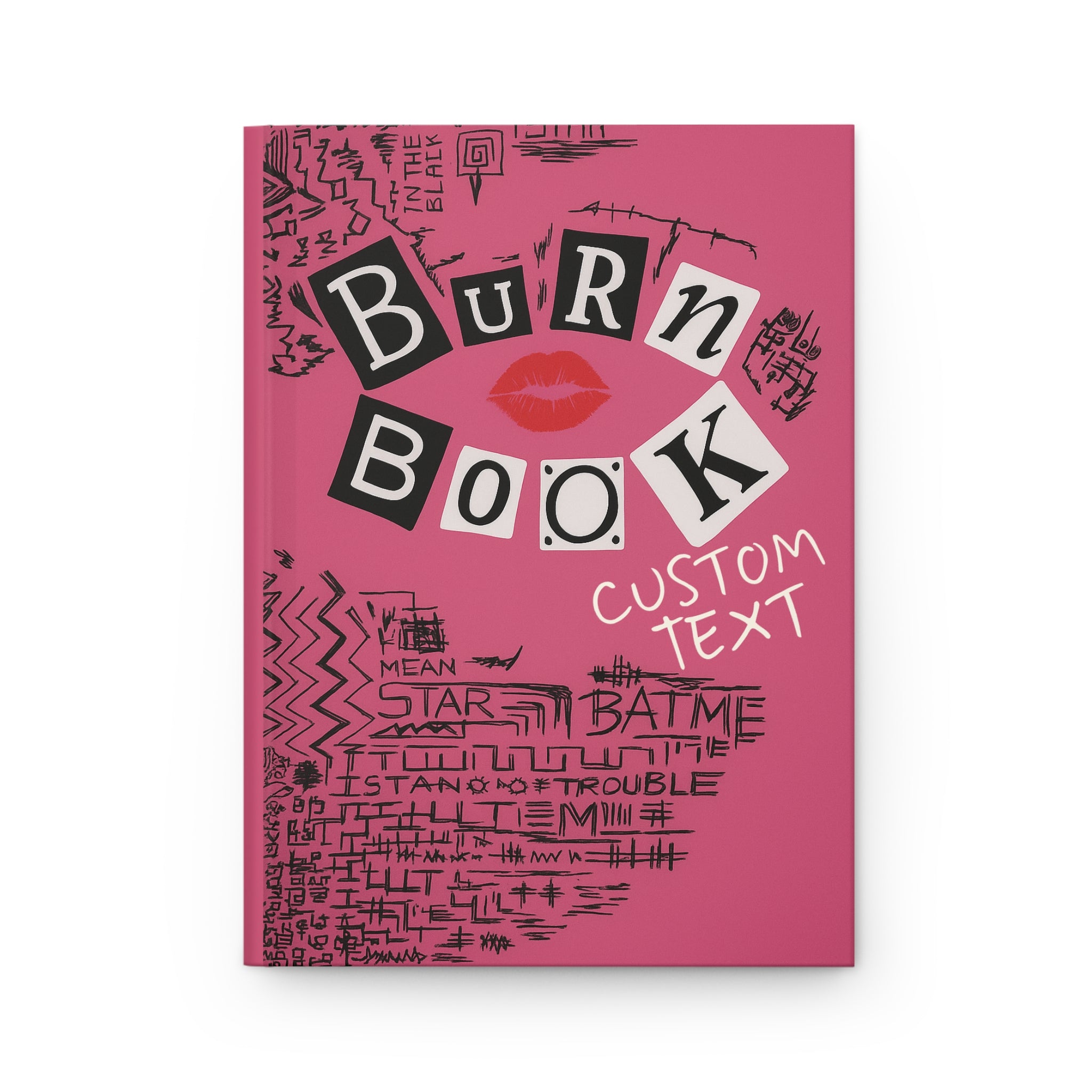 Personalized pink Y2K aesthetic burn book journal by Printify, featuring custom paper notebook with vibrant design.