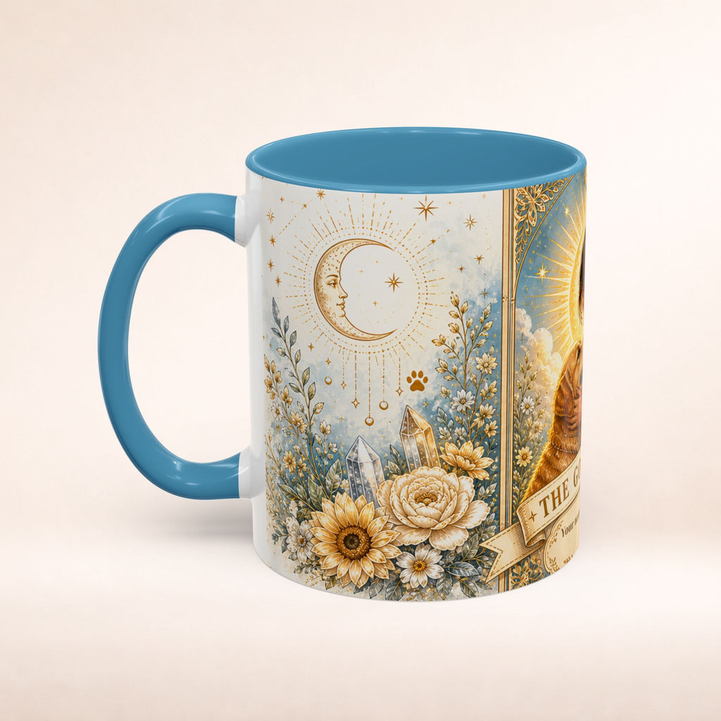 Personalized 'The Golden Mom' tarot card accent coffee mug featuring a cute dog mom design, ideal for dog-loving moms.