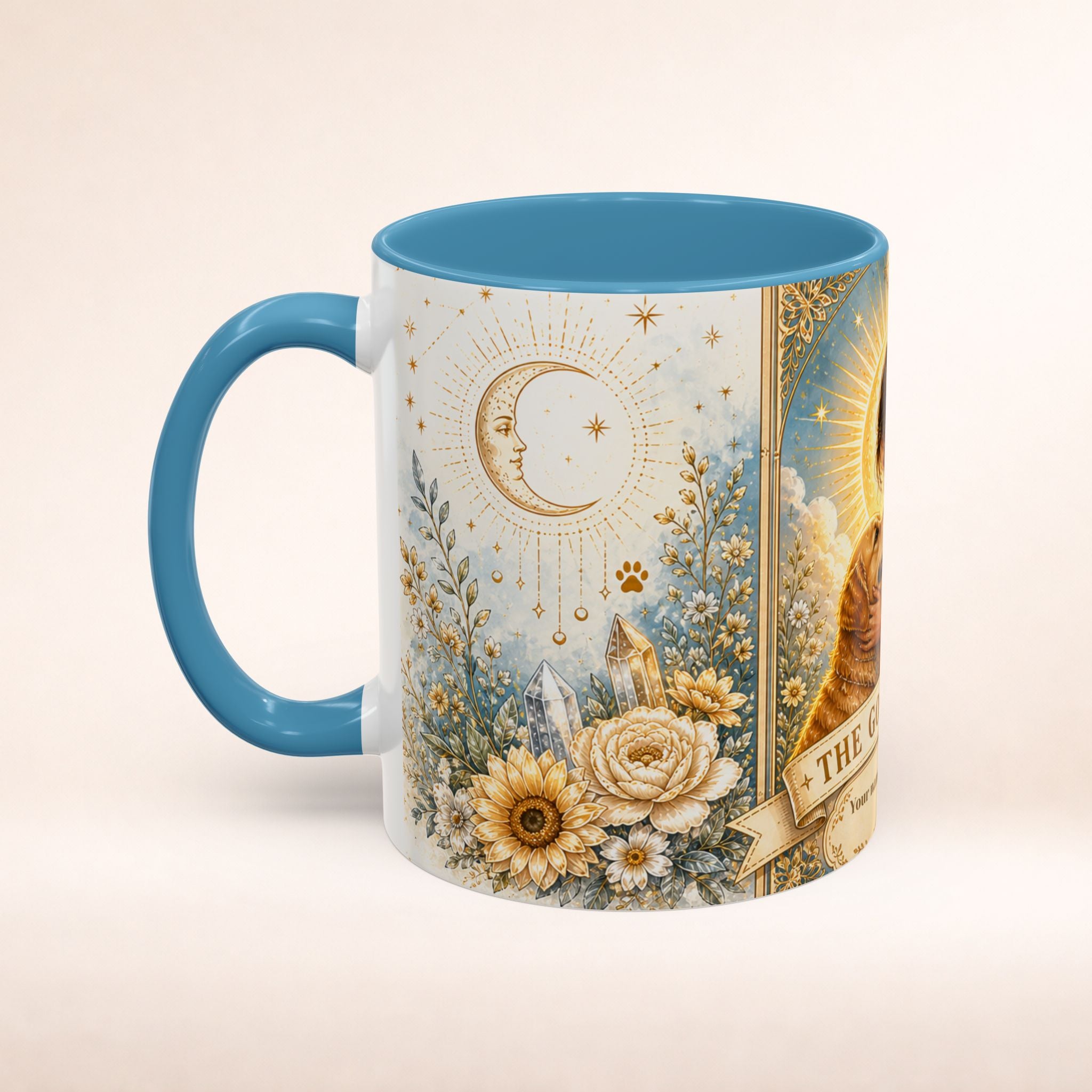 Personalized 'The Golden Mom' tarot card accent coffee mug featuring a cute dog mom design, ideal for dog-loving moms.