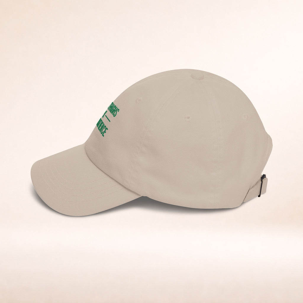Cotton adjustable dad cap with embroidered "Thick Thighs x Thin Patience" design, featuring a classic hat style and curved brim.