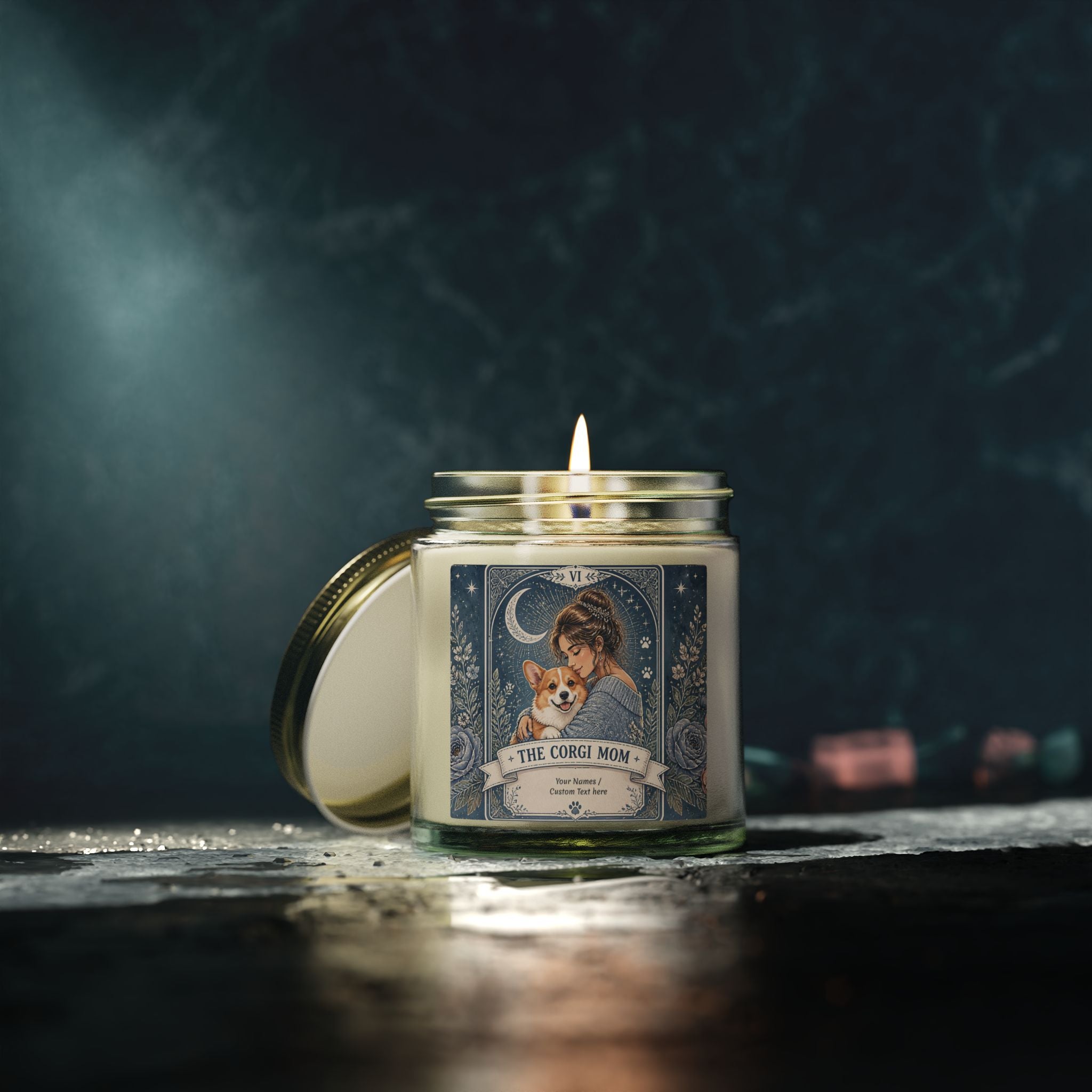 Personalized Corgi Mom scented candle with coconut apricot wax, featuring custom label and decorative candle design.