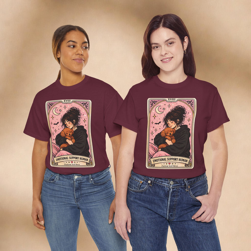 Personalized emotional support T-shirt featuring a humorous dog mom tarot design, ideal for Poodle moms and anxiety comfort.
