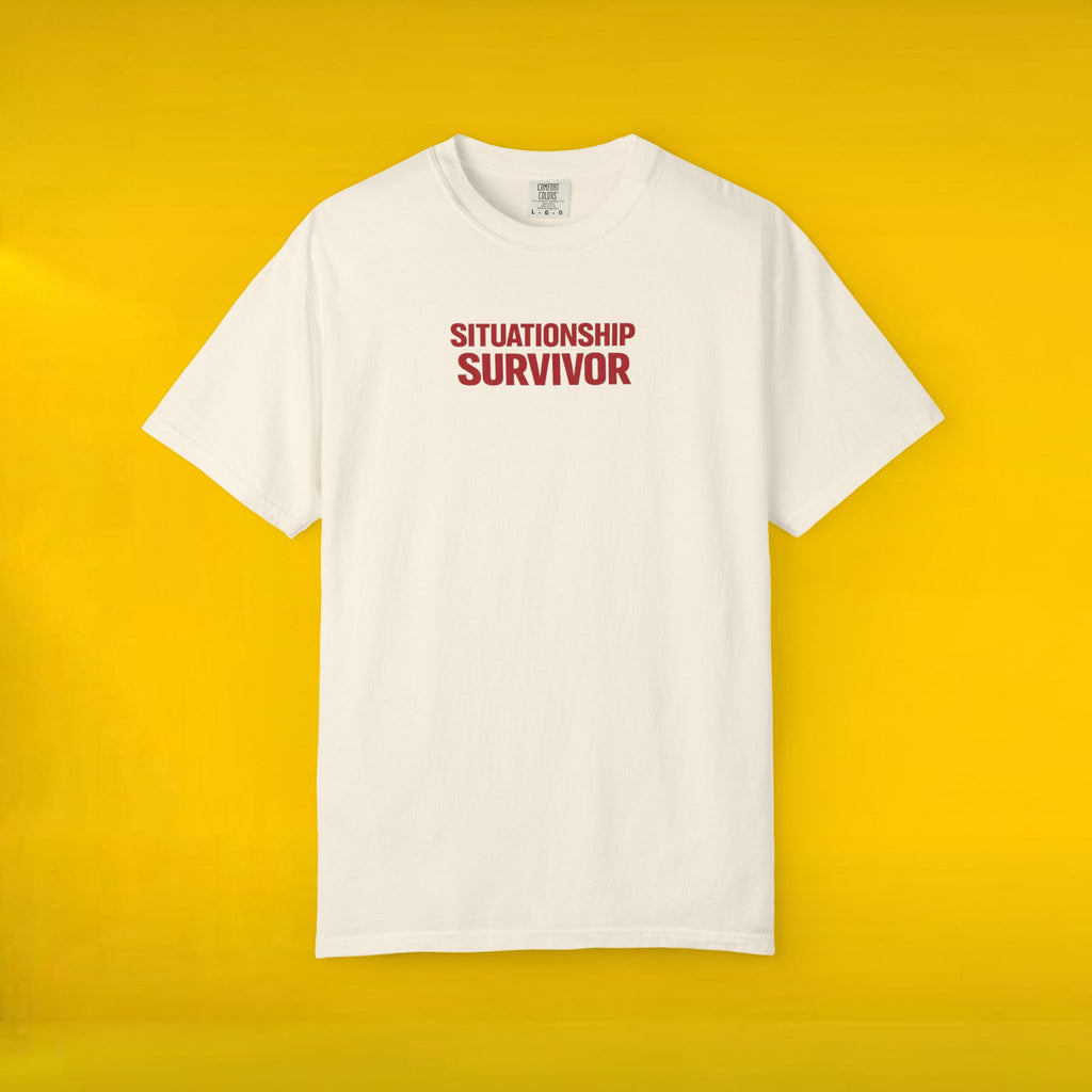 Funny Situationship Survivor T-shirt for women, featuring ironic design about single life and breakups, by Printify.