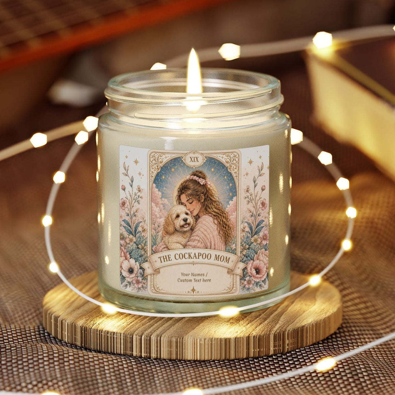 Personalized Tarot 'The Cockapoo Mom' scented candle in coconut apricot, 4oz or 9oz, showing the custom-designed candle with label.
