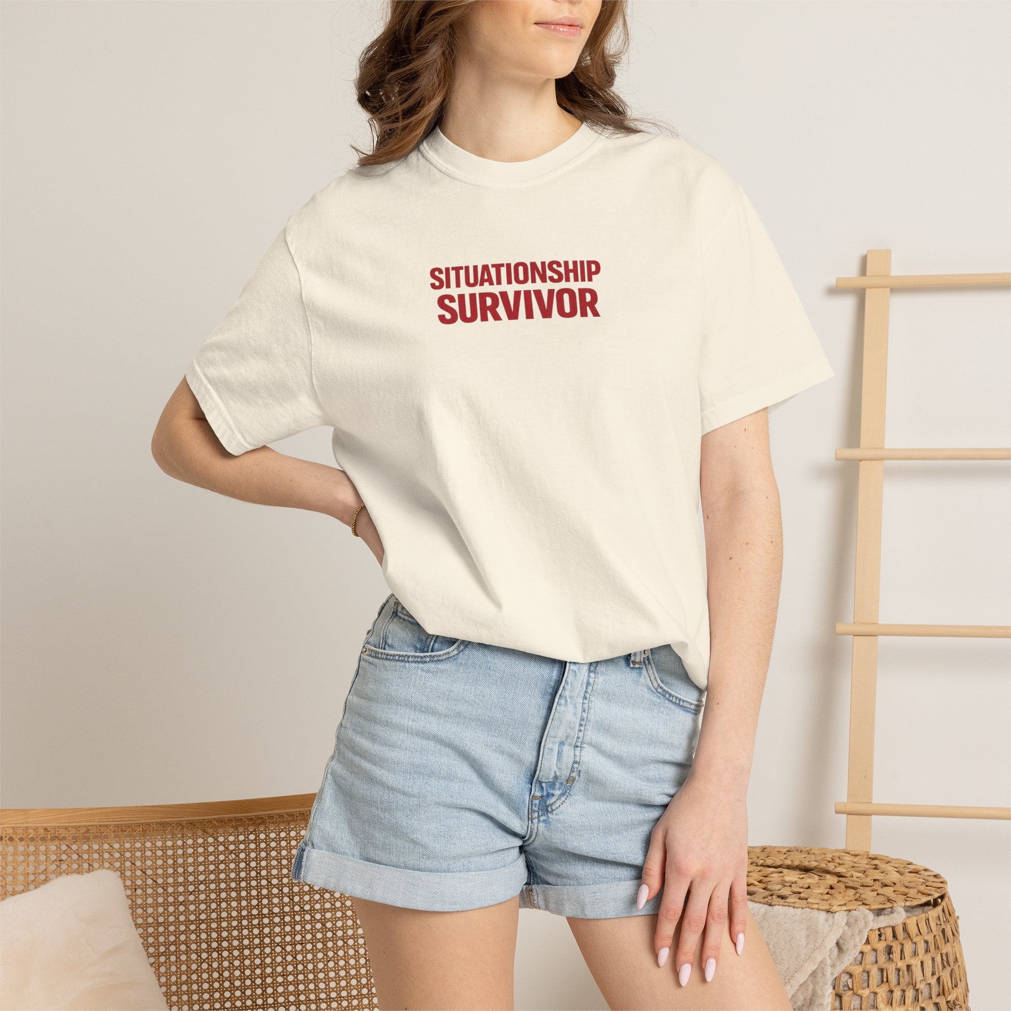 Funny Situationship Survivor T-shirt for women by Printify, featuring ironic design celebrating single life and breakup humor.