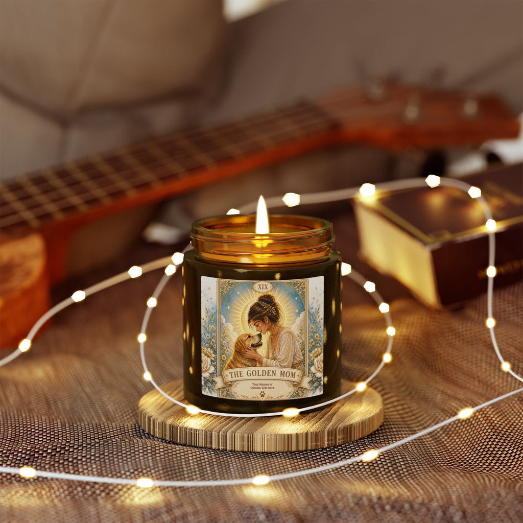 Scented candle labeled "The Golden Mom" Tarot, coconut apricot fragrance, 4oz or 9oz size, home decor accessory.