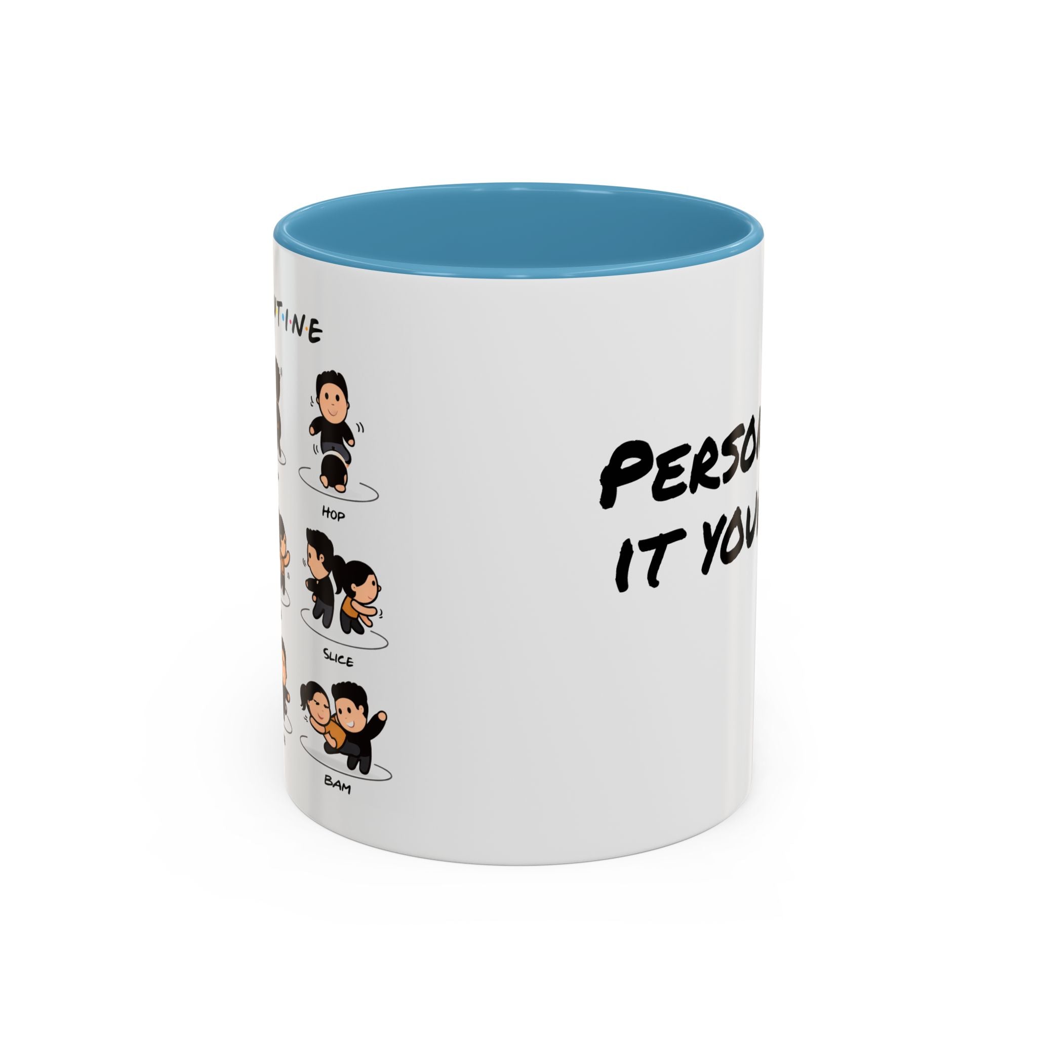 Friends-inspired funny "The Routine" accent coffee mug with printed design, ceramic material, perfect for fans of the TV show.