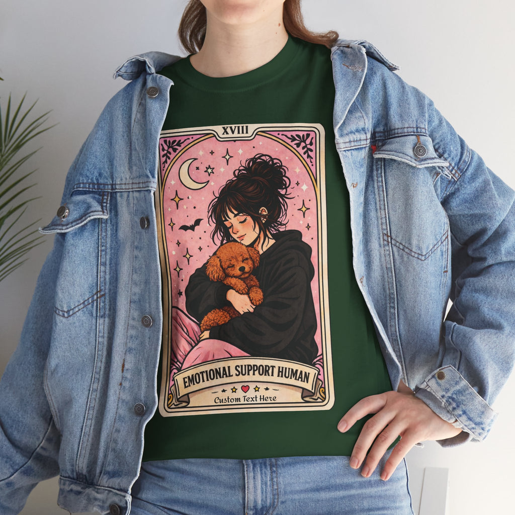 Personalized emotional support human T-shirt with funny dog mom tarot design, poodle mom humor, anxiety comfort, custom print.