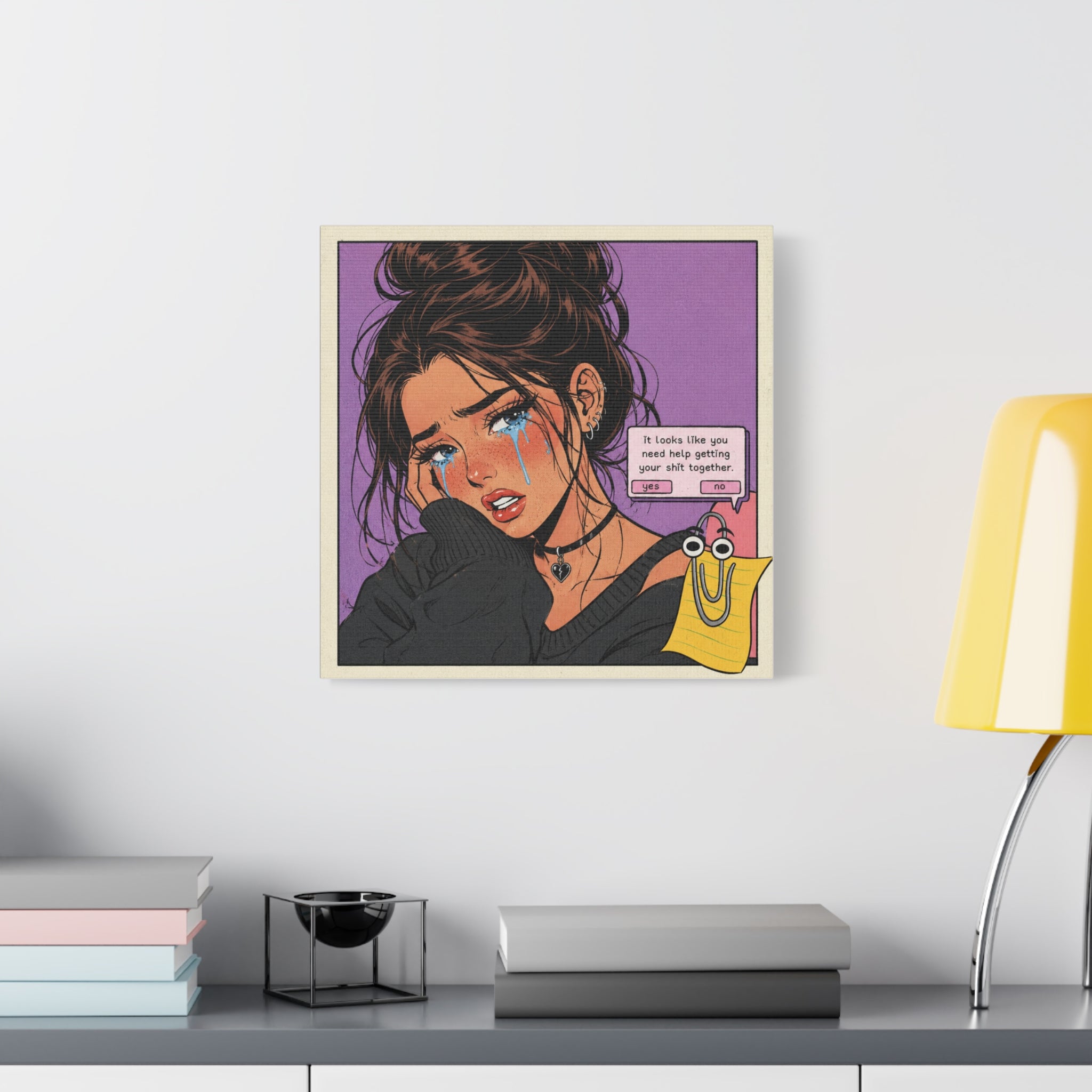 Retro sad girl pop art canvas print by Printify showing a moody girl with bold colors and urban style artwork.