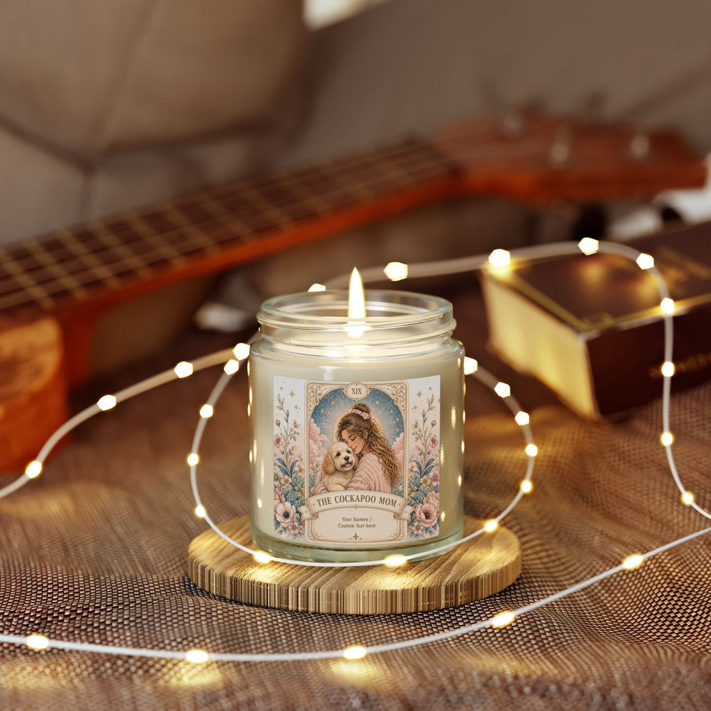 Personalized Tarot 'The Cockapoo Mom' scented candle with coconut apricot scent in 4oz and 9oz sizes, custom printed by Printify.