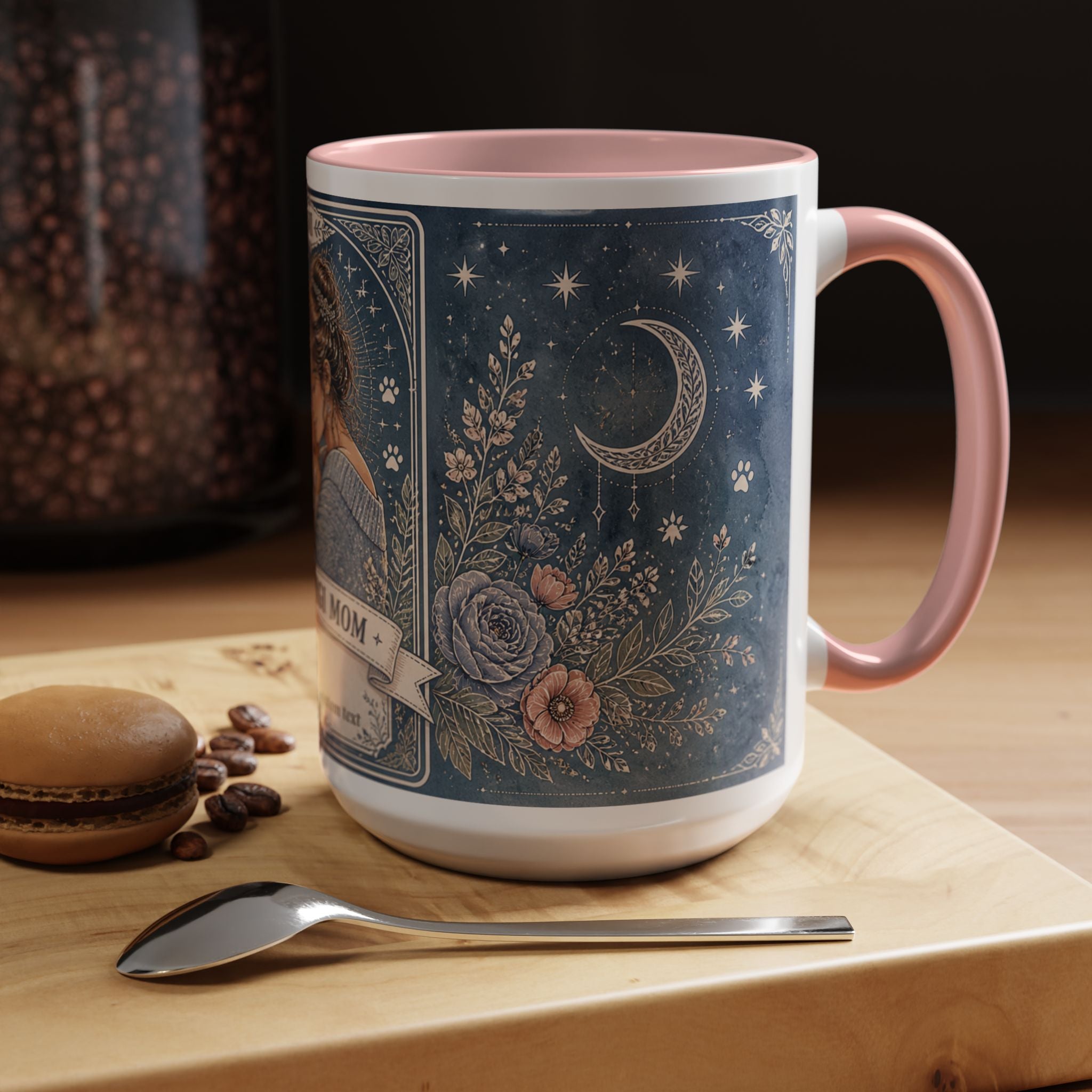 Personalized 'The Corgi Mom' tarot card coffee mug featuring a cute dog mom design, perfect for dog lovers and custom gifts.