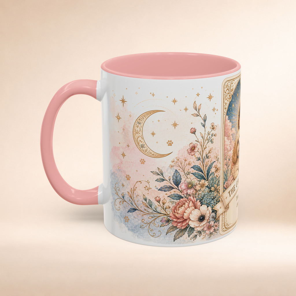 Personalized 'The Cockapoo Mom' floral tarot-style ceramic coffee mug with custom dog mom text, available in 11oz or 15oz size.