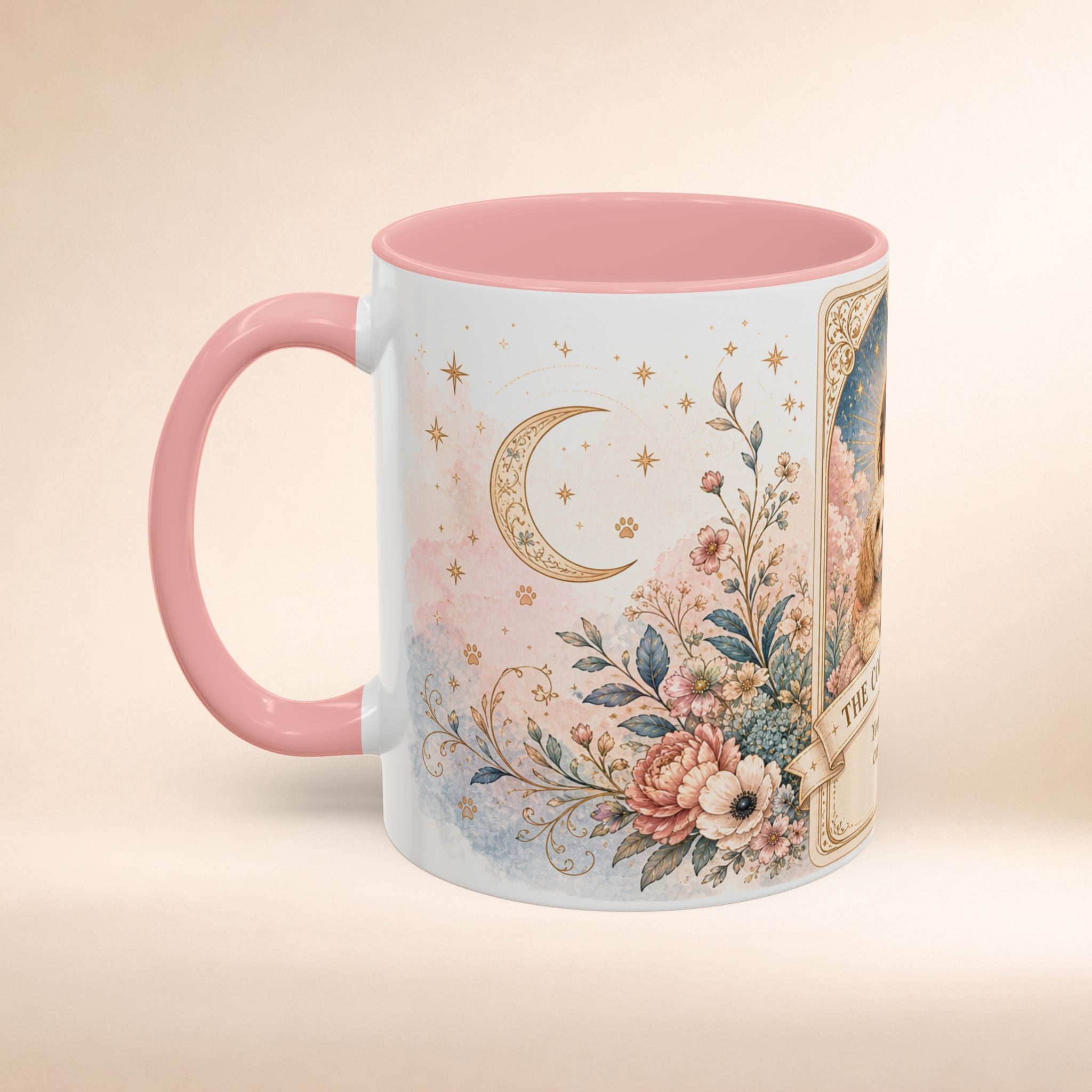 Personalized 'The Cockapoo Mom' floral tarot-style ceramic coffee mug with custom dog mom text, available in 11oz or 15oz size.