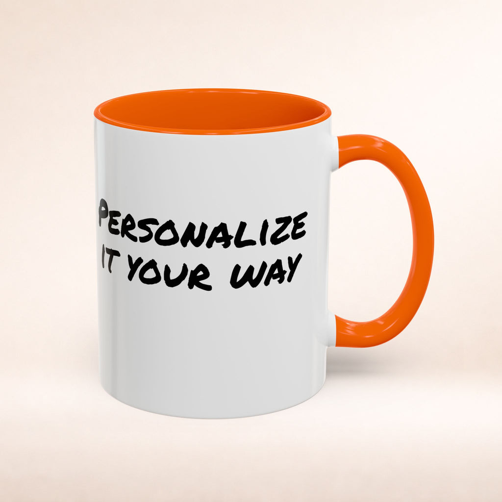 Friends-inspired funny "The Routine" accent coffee mug by Printify with a humorous quote and colorful design.