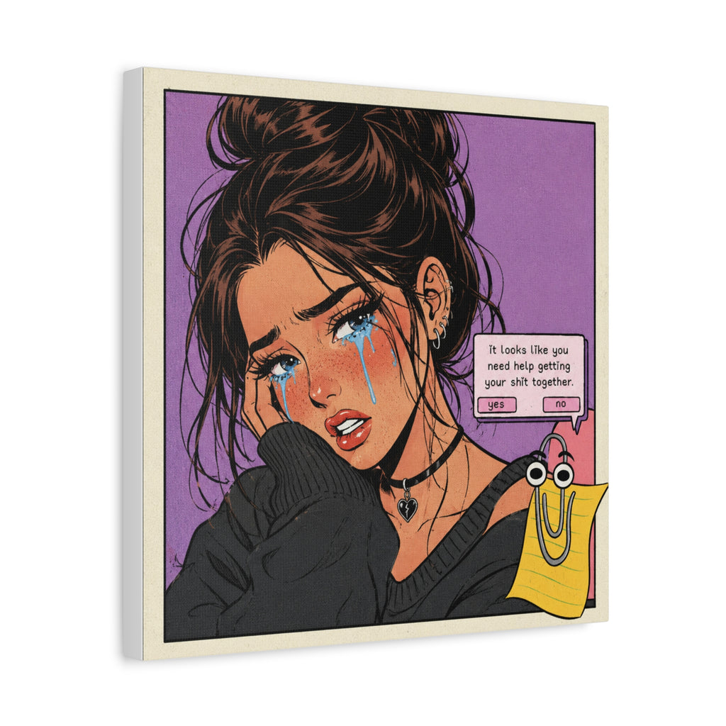 Retro sad girl pop art canvas print with bold text, featuring a moody illustration on a high-quality Printify canvas.
