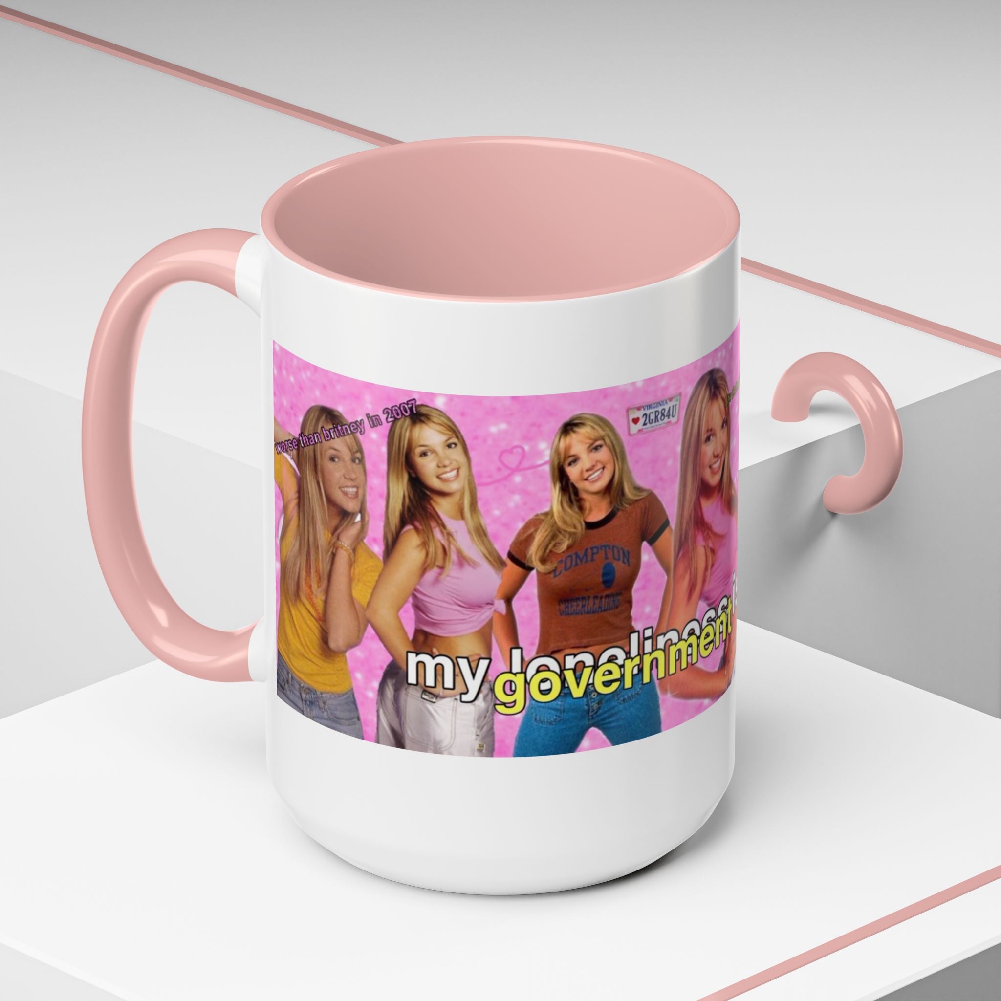 Y2K Britney collage accent coffee mug with "My Government is killing me" slogan, featuring vibrant print and ceramic design.