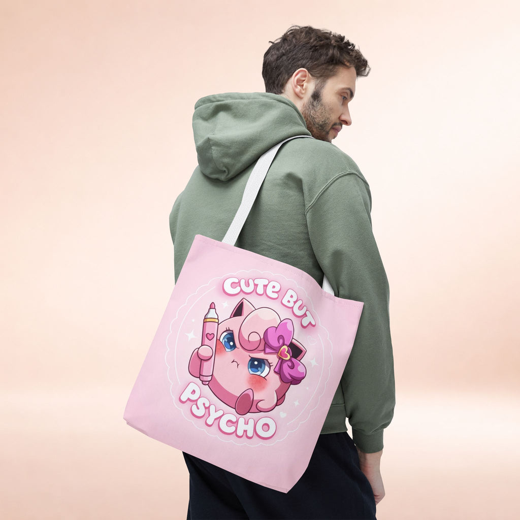 Pink "Cute But Psycho" tote bag by Printify, kawaii style shopper bag with bold text and cheerful design.