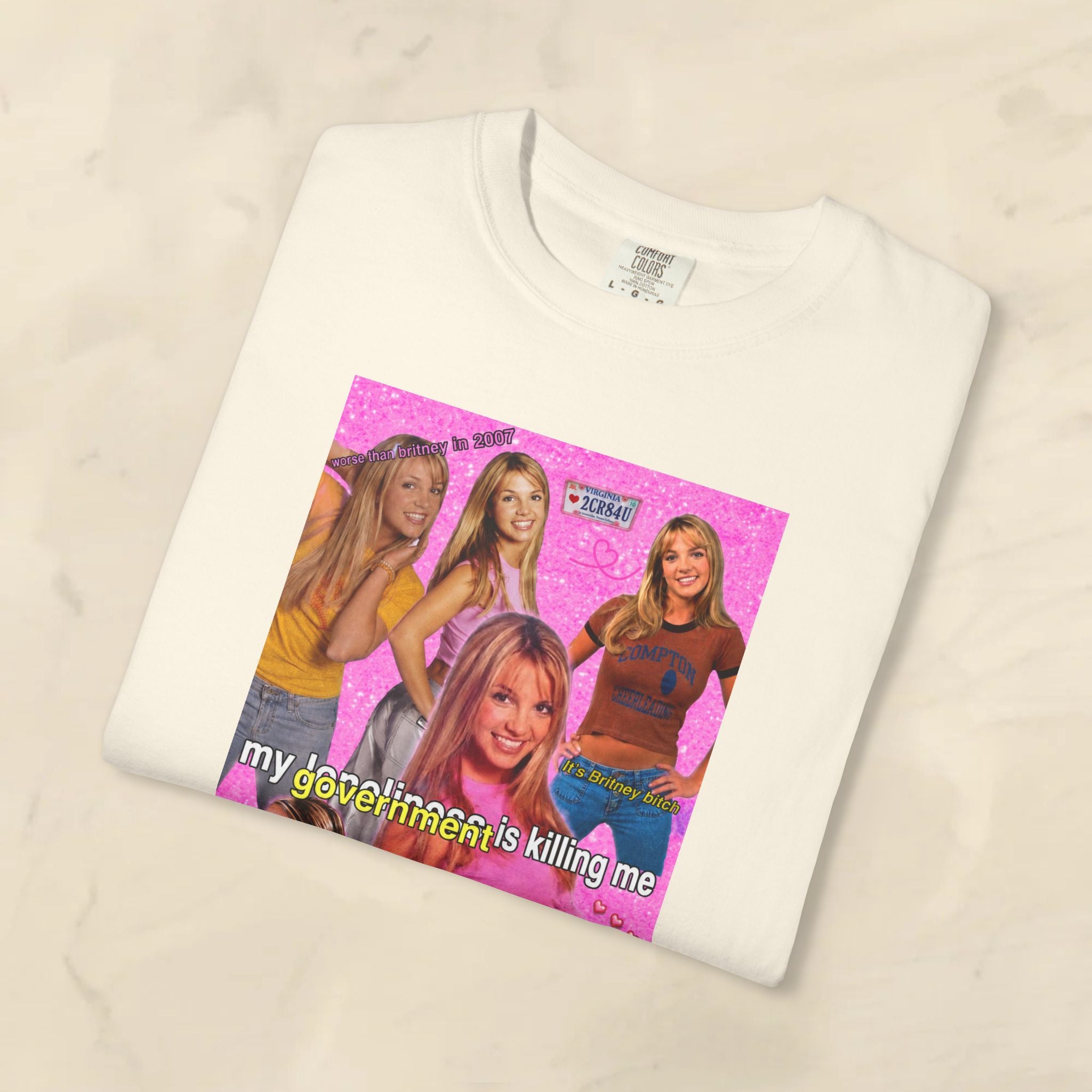 Cotton Y2K Britney Spears "My Loneliness Is Killing Me" government meme T-shirt, front view showcasing printed design.