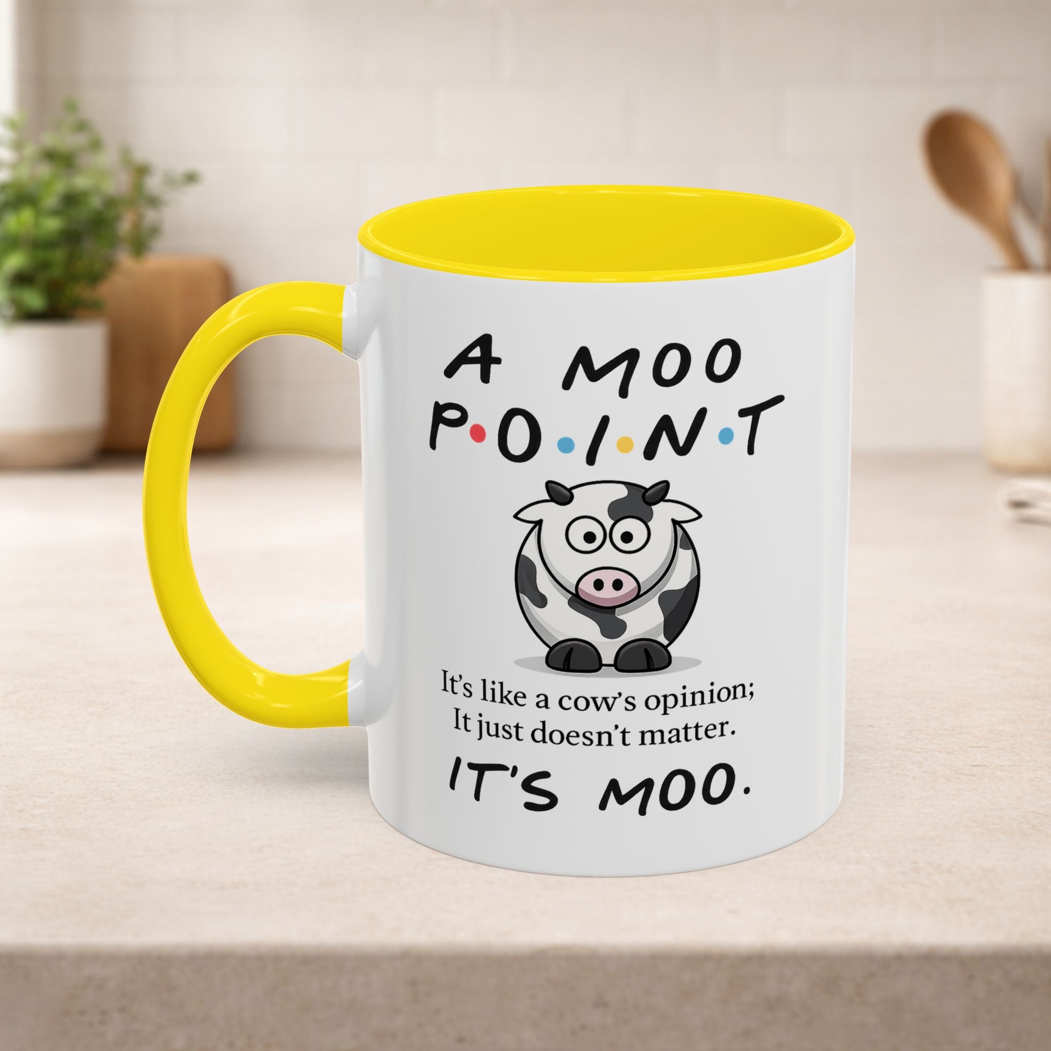 Friends Moo Point Mug featuring a humorous cow opinion design, perfect for coffee lovers and fans of funny cow-themed mugs.