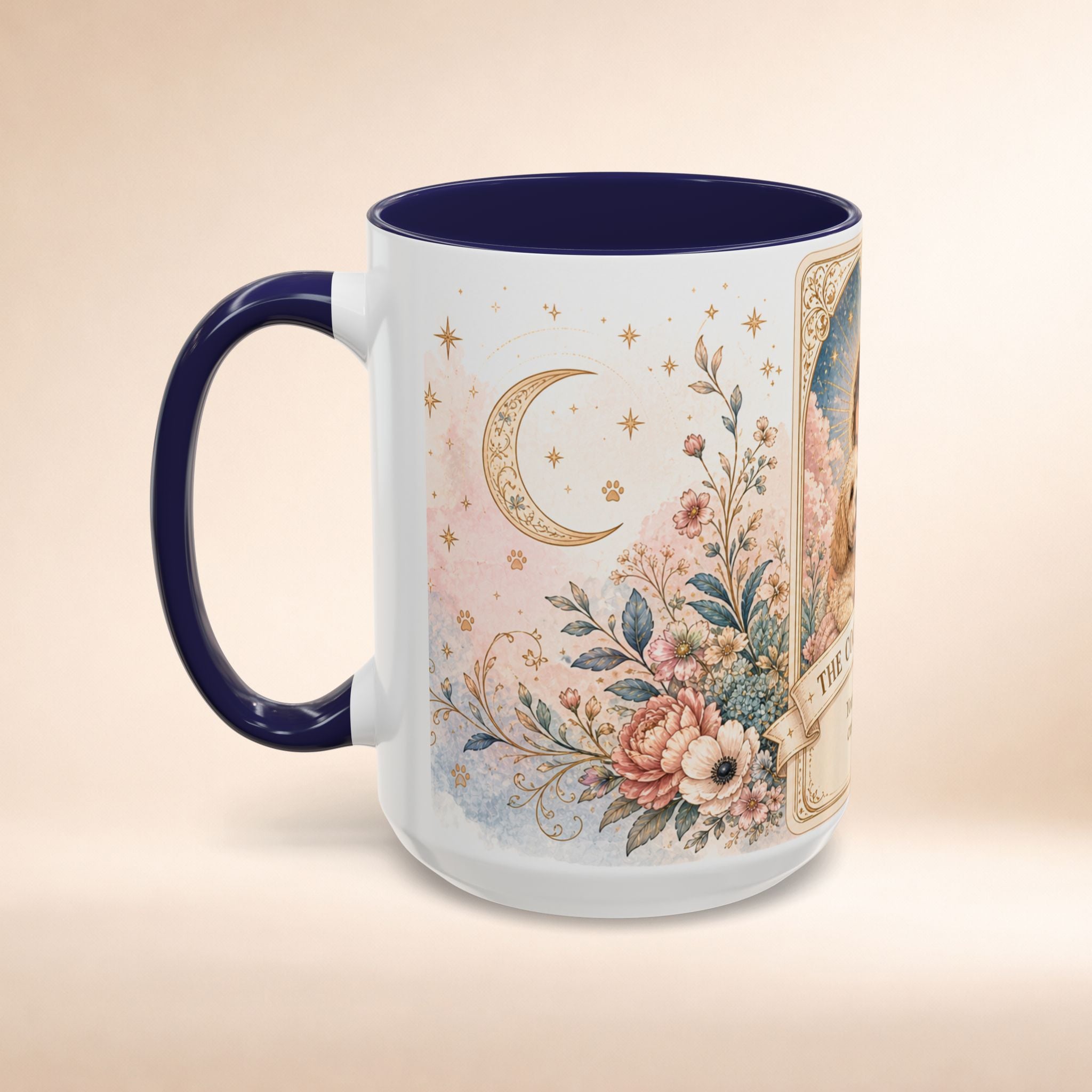 Personalized 'The Cockapoo Mom' floral tarot-style custom coffee mug, 11oz, with dog mom design and personalized text.