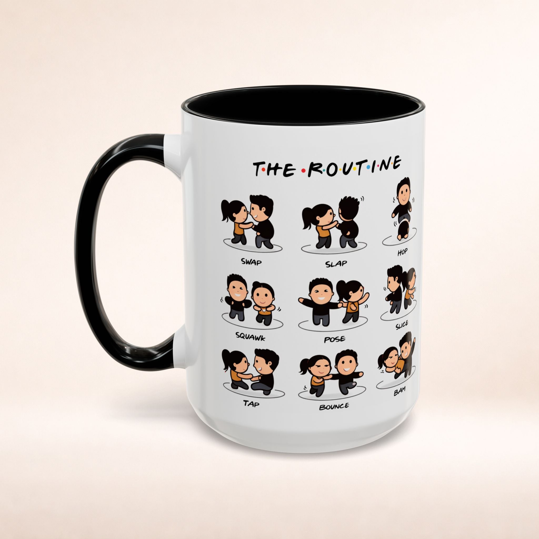 Friends-inspired funny "The Routine" accent coffee mug with printed design, ideal for fans of the TV show.