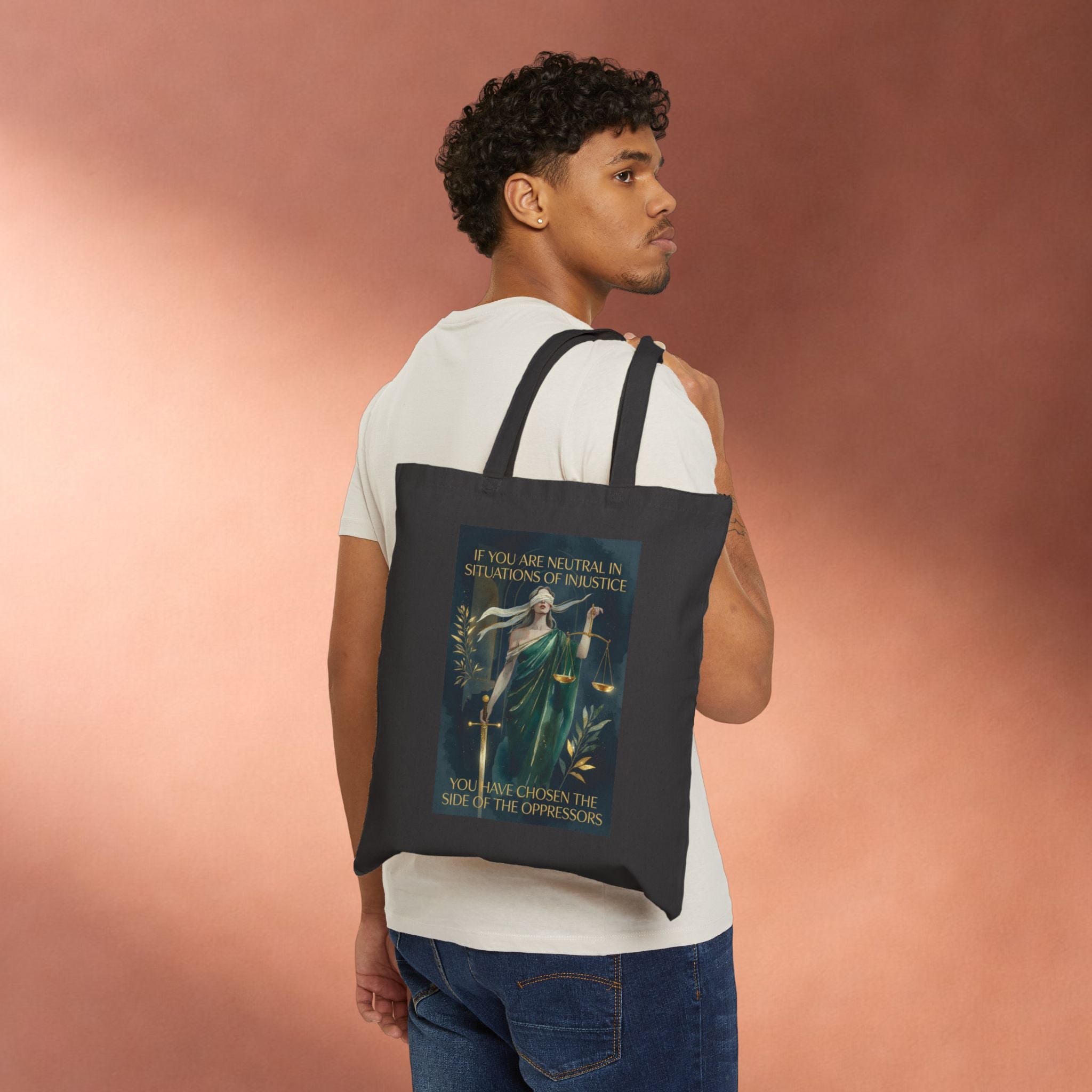 Social Justice tote bag featuring Lady Justice and the message "If You Are Neutral You Have Chosen The Oppressors" by Printify.